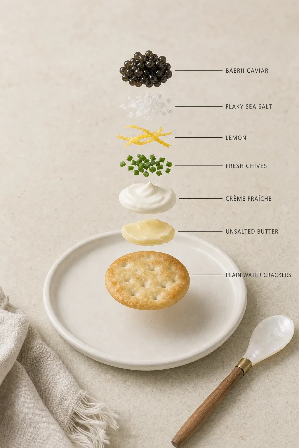 Exploded layer-by-layer view of one serving of Best Caviar for Beginners: Butter-Toasted Crackers with Baerii.