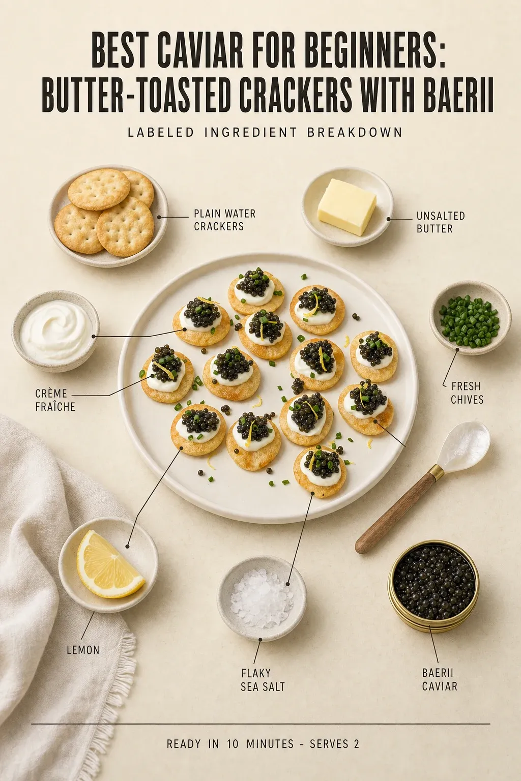 Labeled ingredient breakdown poster for Best Caviar for Beginners: Butter-Toasted Crackers with Baerii: plain water crackers, unsalted butter, crème fraîche, fresh chives, lemon, flaky sea salt.