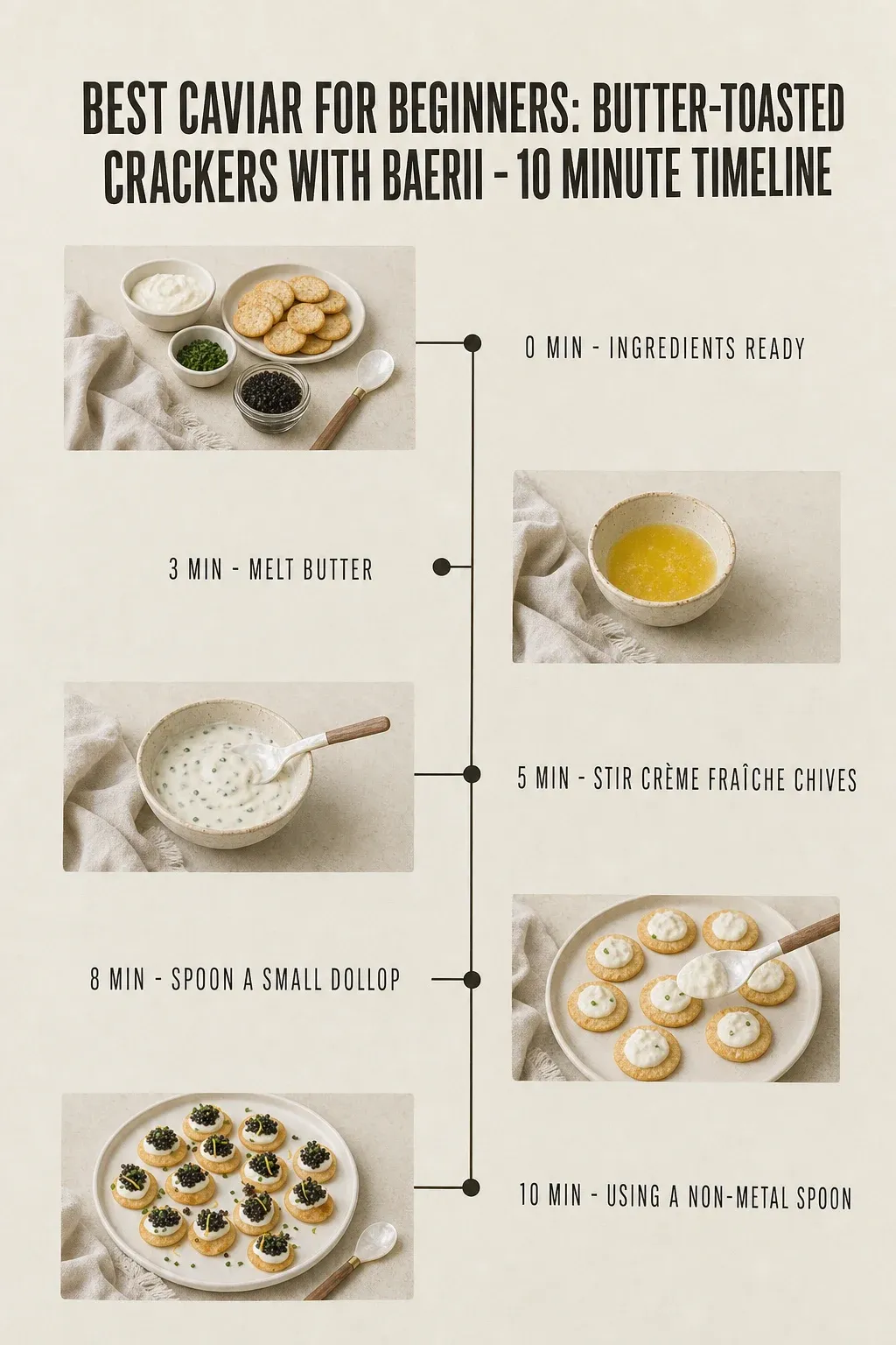 Minute-by-minute timeline for Best Caviar for Beginners: Butter-Toasted Crackers with Baerii, from ingredients to serving in 10 minutes.