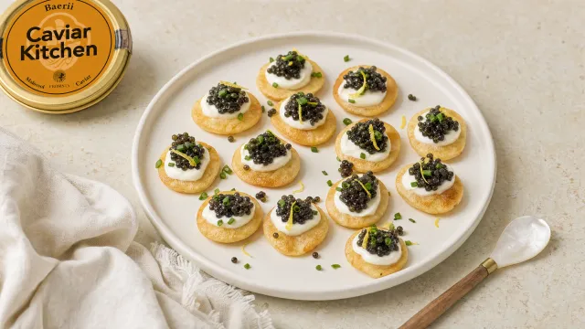 Butter-toasted crackers topped with crème fraîche and Baerii caviar on a small white plate