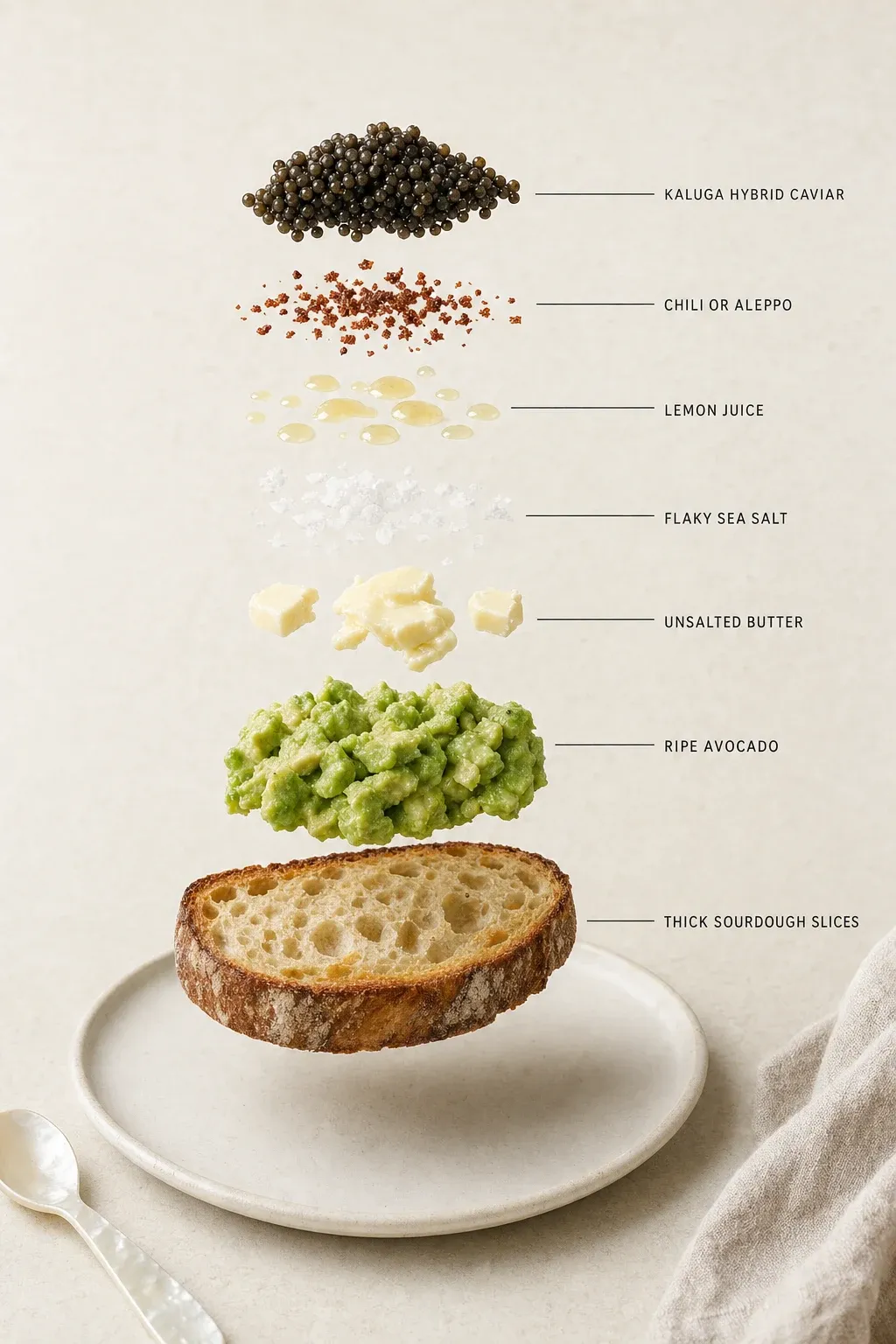 Exploded layer-by-layer view of one serving of Brown Butter Avocado Toast with Kaluga Hybrid Caviar.