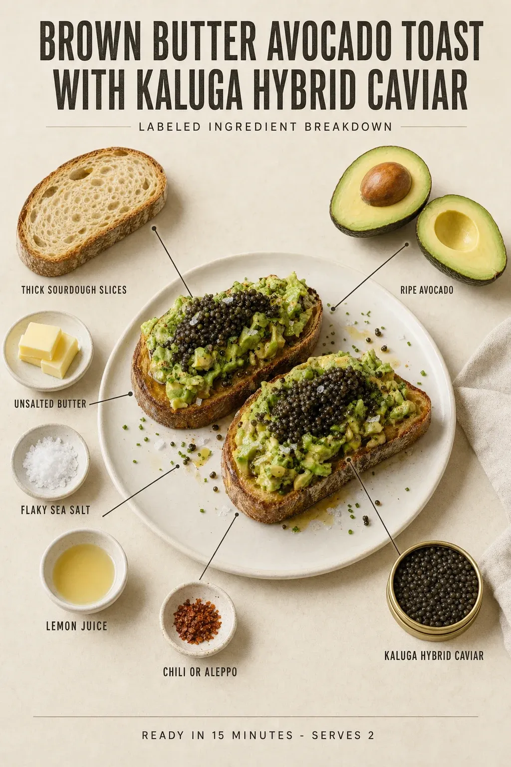 Labeled ingredient breakdown poster for Brown Butter Avocado Toast with Kaluga Hybrid Caviar: thick sourdough slices, ripe avocado, unsalted butter, flaky sea salt, lemon juice, chili or aleppo.