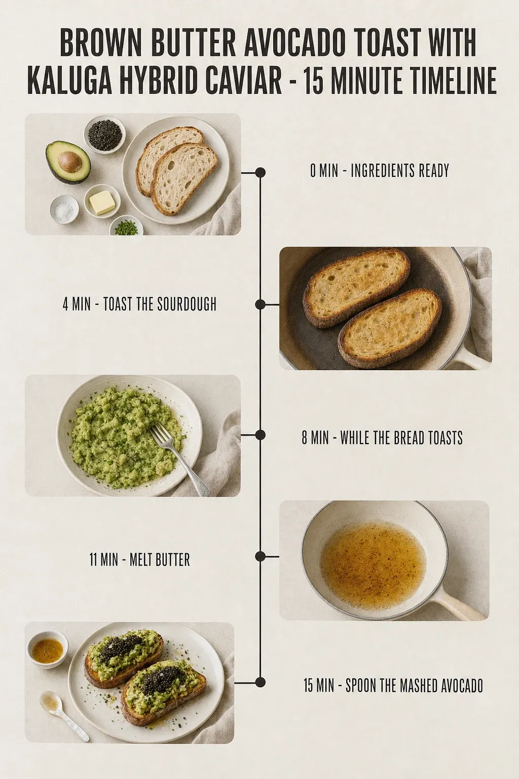 Minute-by-minute timeline for Brown Butter Avocado Toast with Kaluga Hybrid Caviar, from ingredients to serving in 15 minutes.