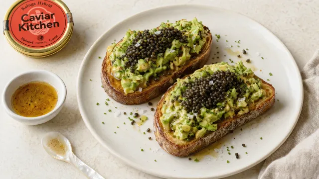 Two slices of sourdough toast topped with mashed avocado, brown butter, and spoonfuls of Kaluga Hybrid caviar on a white ceramic plate.