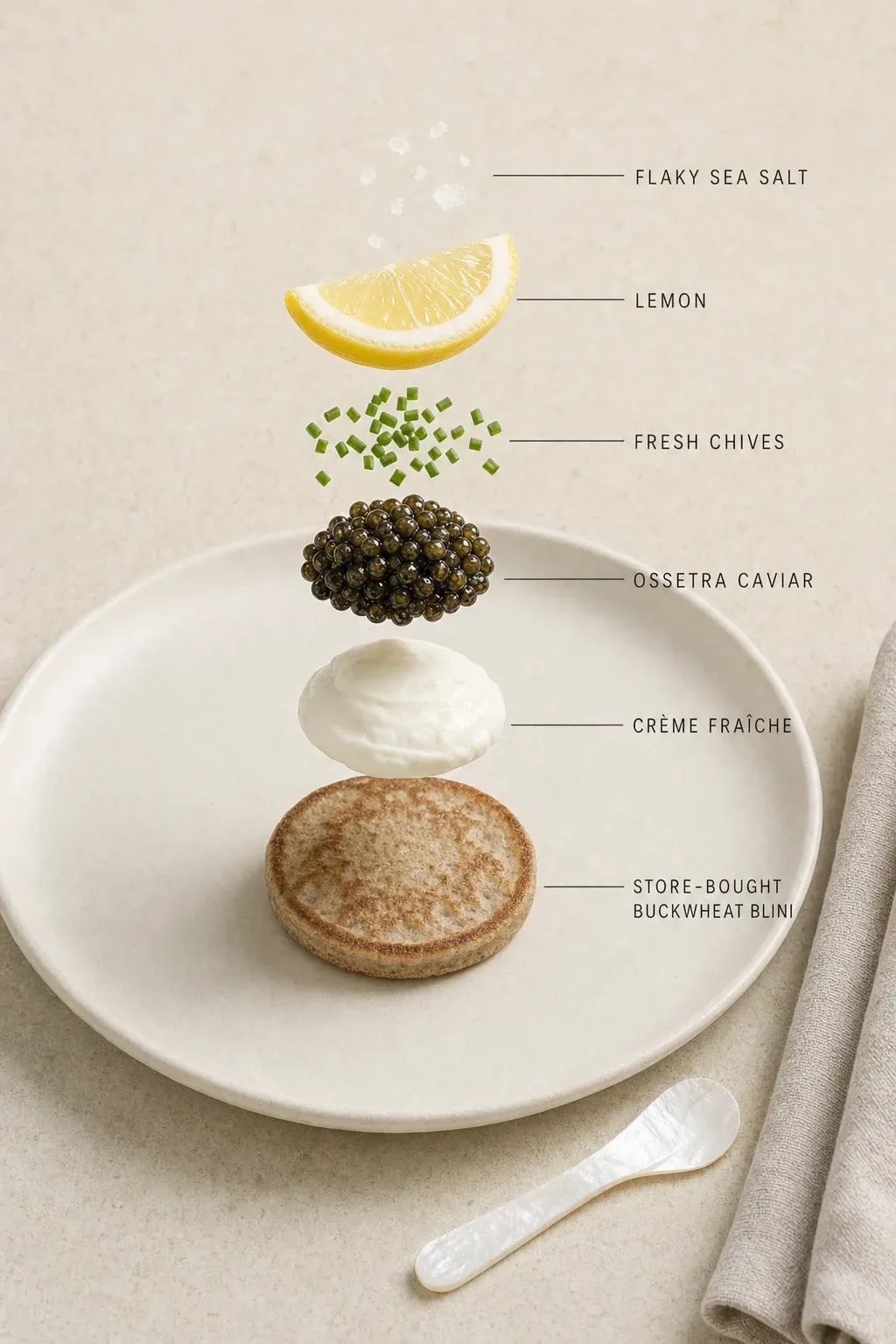 Exploded layer-by-layer view of one serving of Buckwheat Blini with Crème Fraîche and Ossetra Caviar.