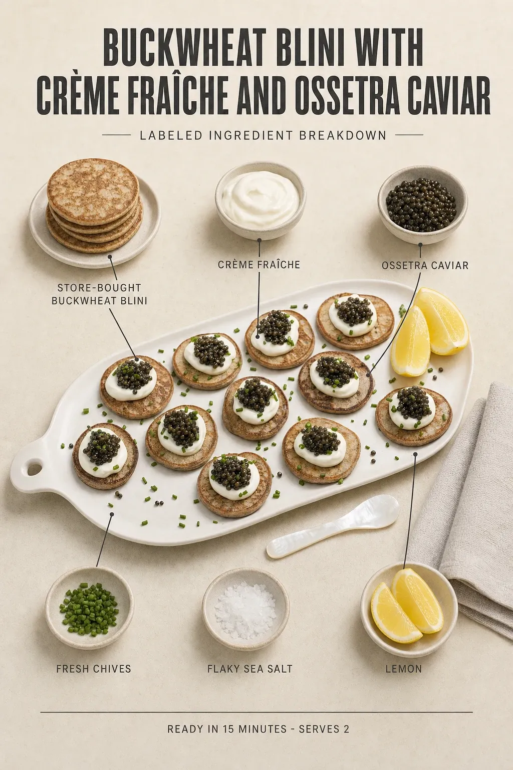 Labeled ingredient breakdown poster for Buckwheat Blini with Crème Fraîche and Ossetra Caviar.