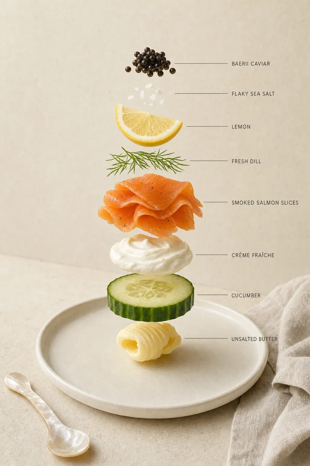 Exploded layer-by-layer view of one serving of Butter-Basted Smoked Salmon Bites with Baerii Caviar.