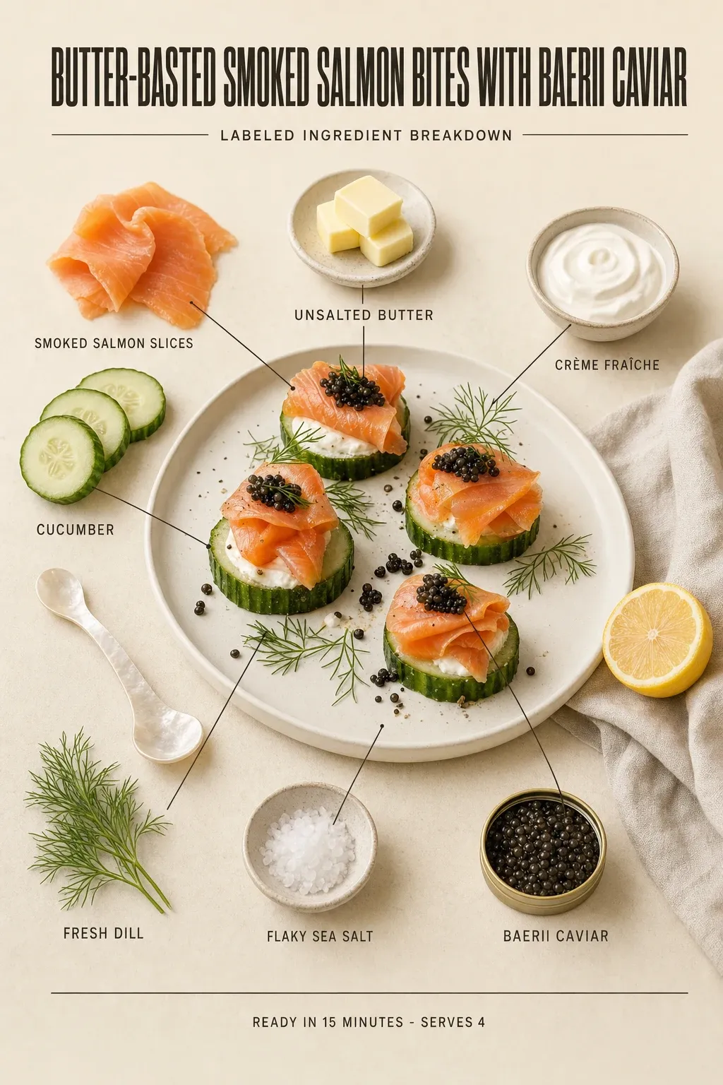 Labeled ingredient breakdown poster for Butter-Basted Smoked Salmon Bites with Baerii Caviar: smoked salmon slices, unsalted butter, crème fraîche, cucumber, fresh dill, lemon.