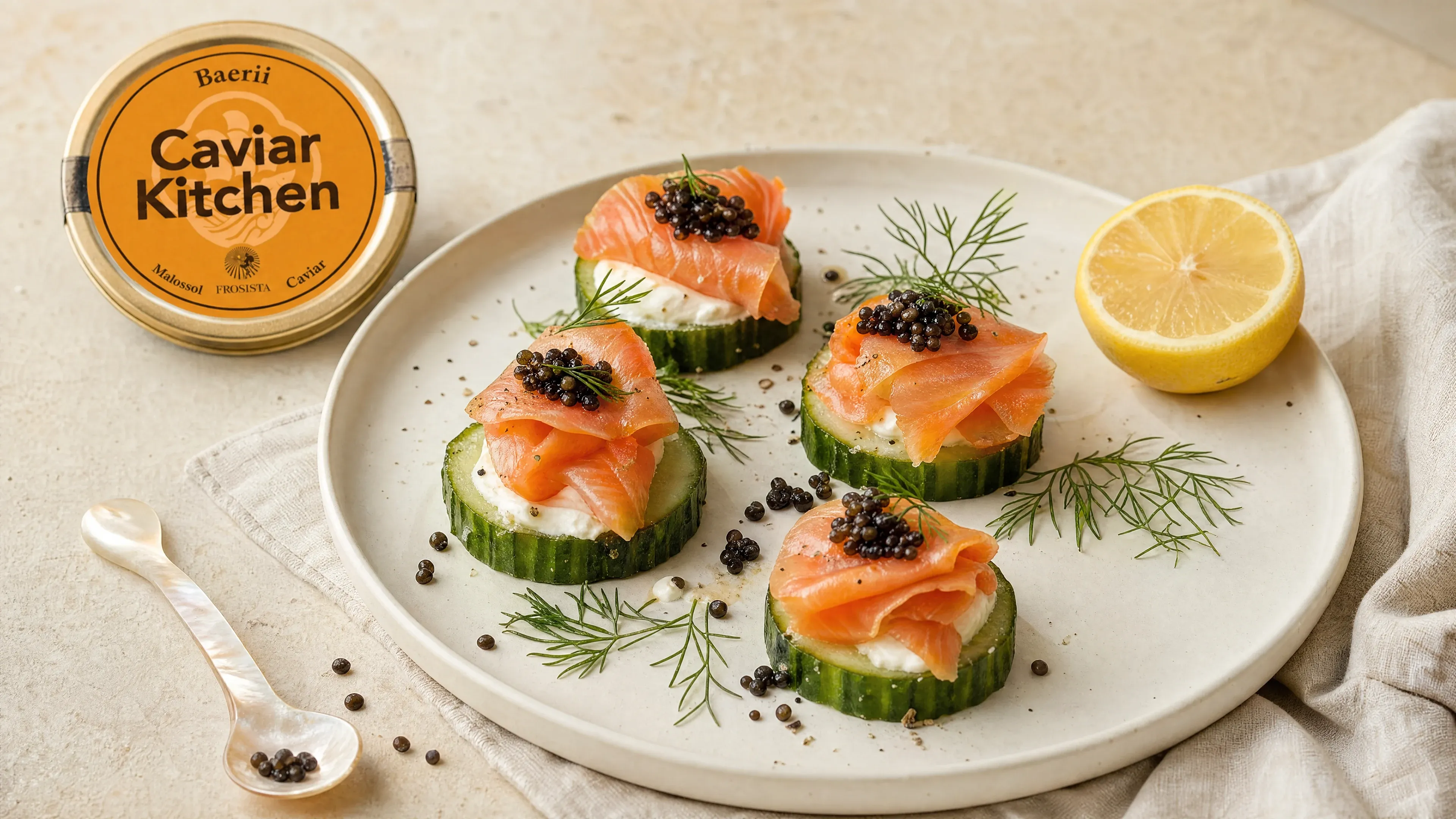 Butter-basted smoked salmon bites on cucumber rounds with crème fraîche, dill, and Baerii caviar on a white ceramic plate
