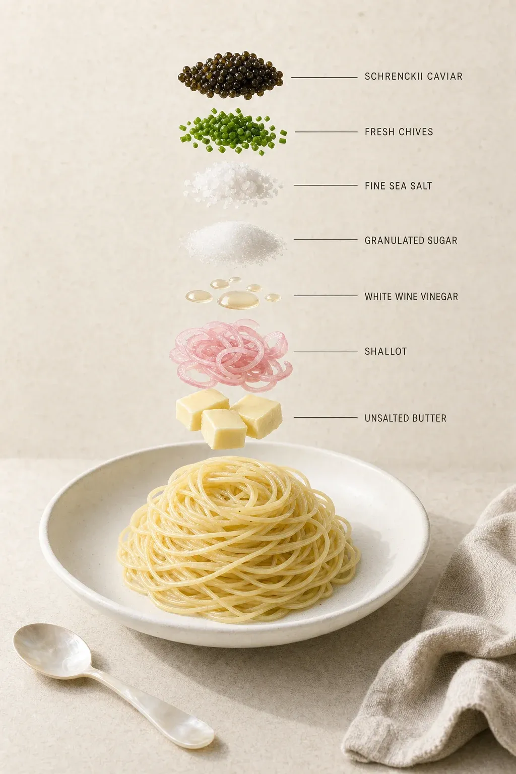 Exploded layer-by-layer view of one serving of Buttered Pasta with Quick-Pickled Shallots and Schrenckii Caviar.