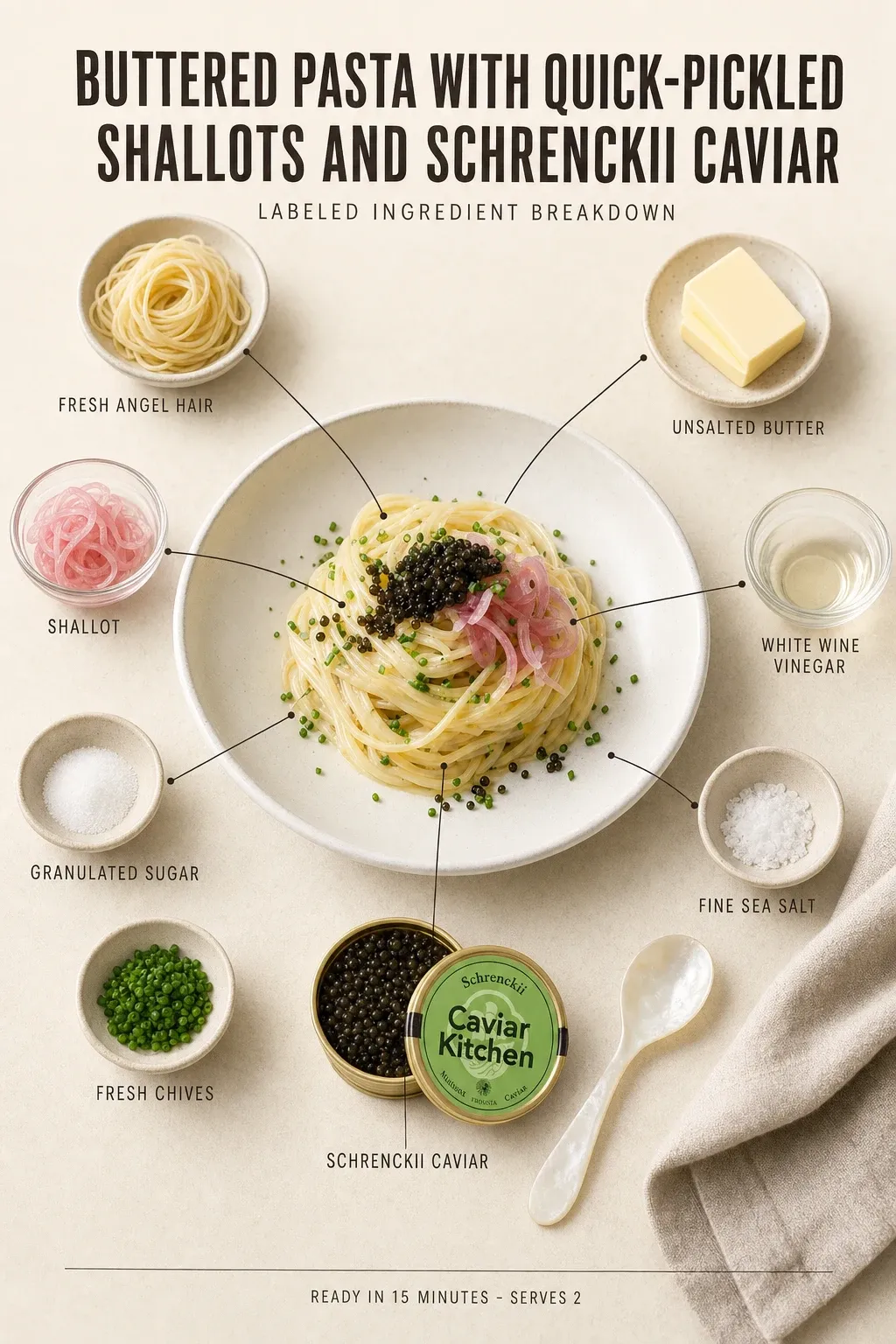 Labeled ingredient breakdown poster for Buttered Pasta with Quick-Pickled Shallots and Schrenckii Caviar: fresh angel hair, unsalted butter, shallot, white wine vinegar, granulated sugar, fine sea salt.