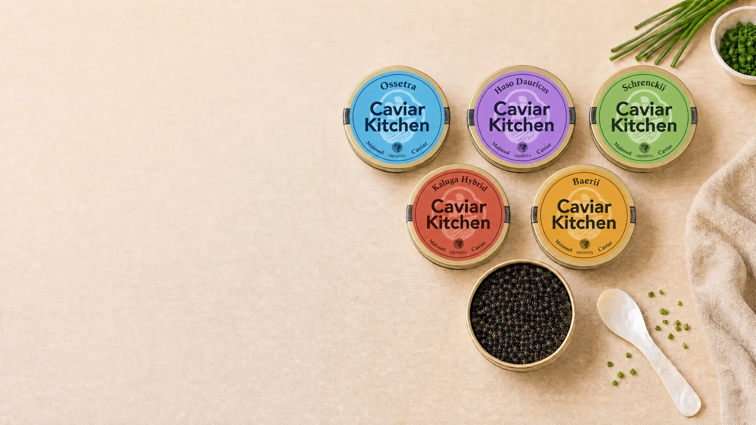 A Caviar Kitchen tasting box of five caviar tins, one per sturgeon species.