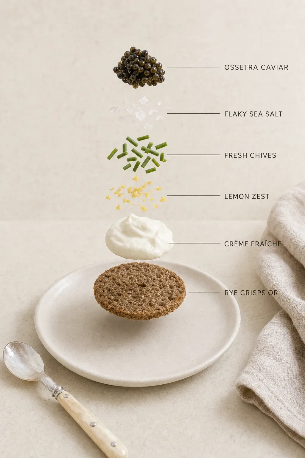 Exploded layer-by-layer view of one serving of Caviar Pairings: Whipped Crème Fraîche with Ossetra on Rye Crisps.
