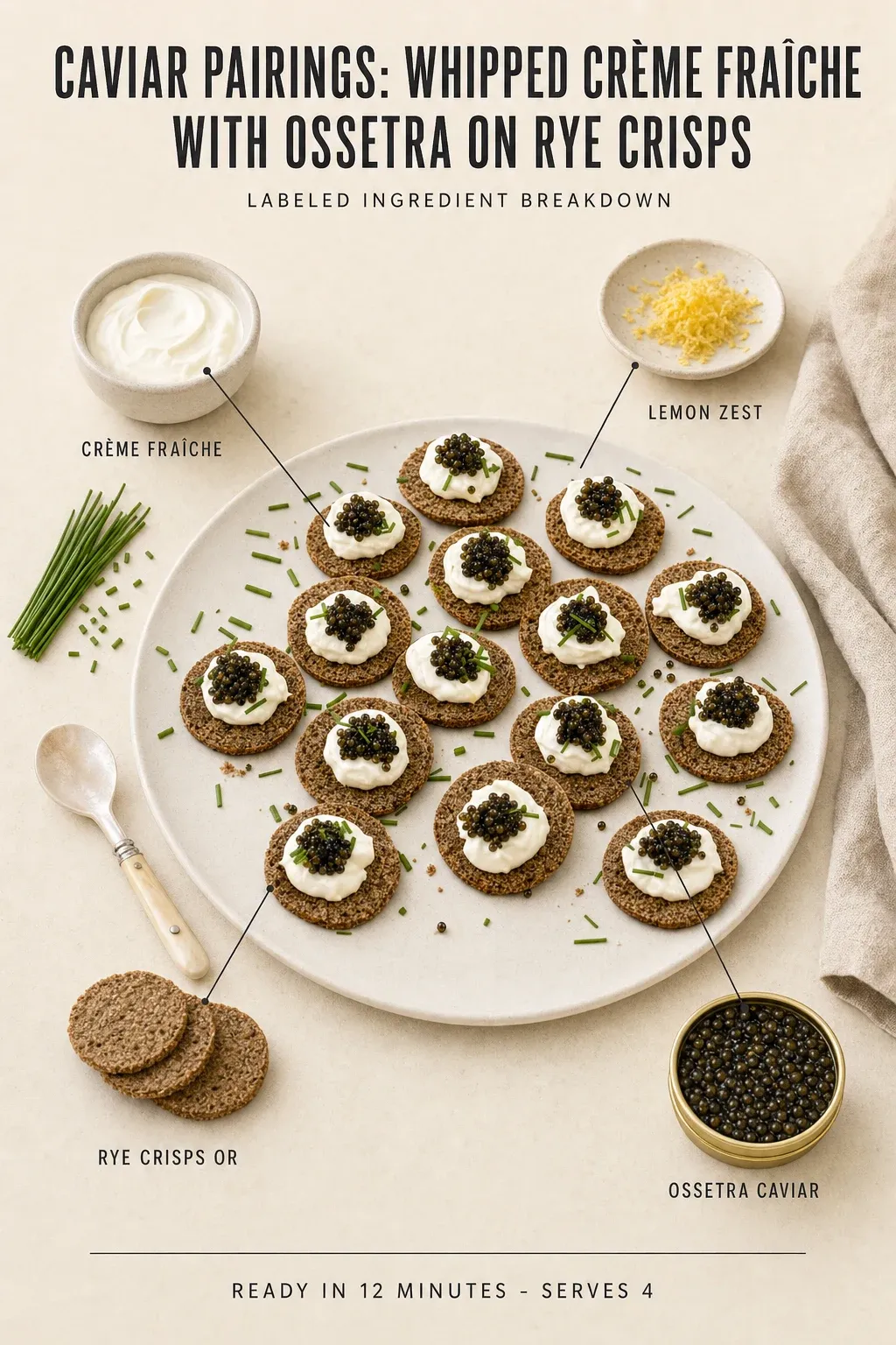 Labeled ingredient breakdown poster for Caviar Pairings: Whipped Crème Fraîche with Ossetra on Rye Crisps: crème fraîche, lemon zest, fresh chives, flaky sea salt, rye crisps or, ossetra caviar.