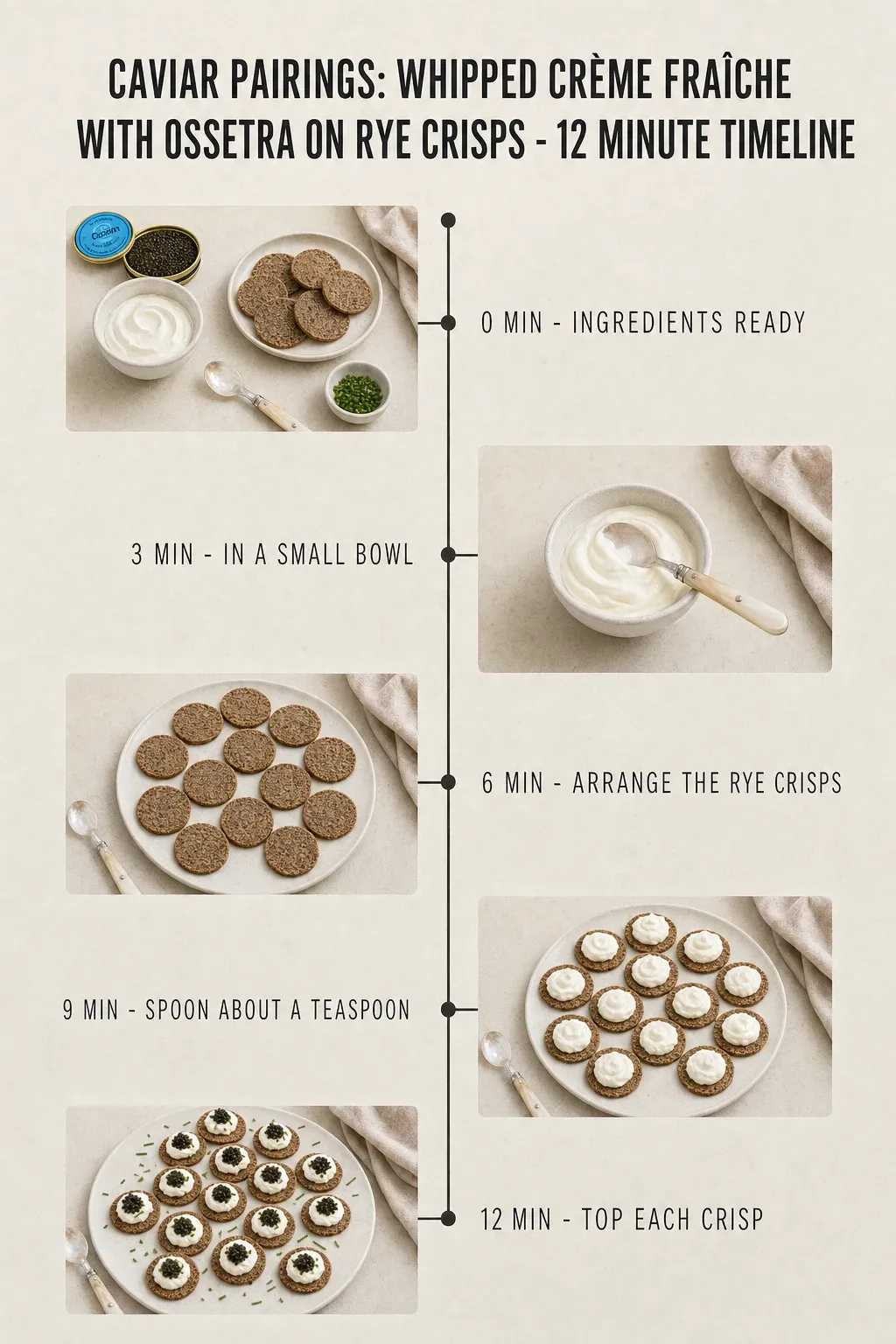 Minute-by-minute timeline for Caviar Pairings: Whipped Crème Fraîche with Ossetra on Rye Crisps, from ingredients to serving in 12 minutes.