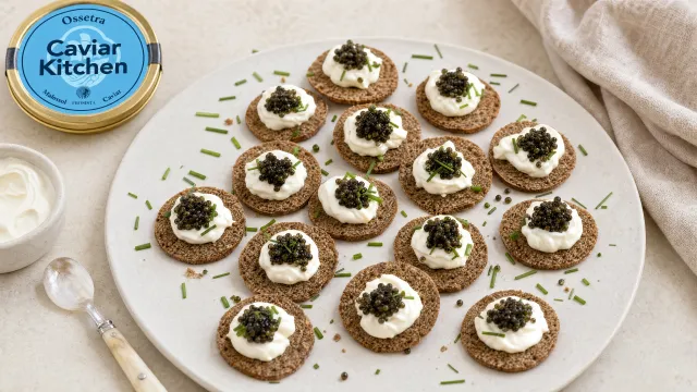 Rye crisps topped with whipped crème fraîche and Ossetra caviar arranged on a white ceramic board