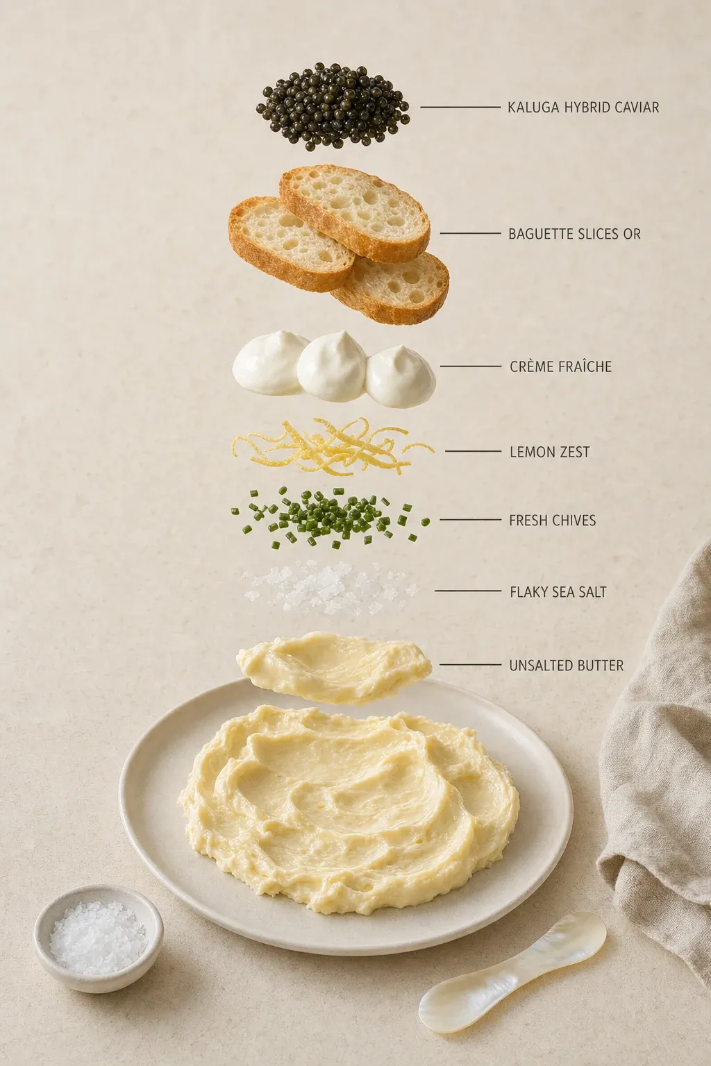Exploded layer-by-layer view of one serving of Chilled Butter Board with Kaluga Hybrid Caviar for Game Night.