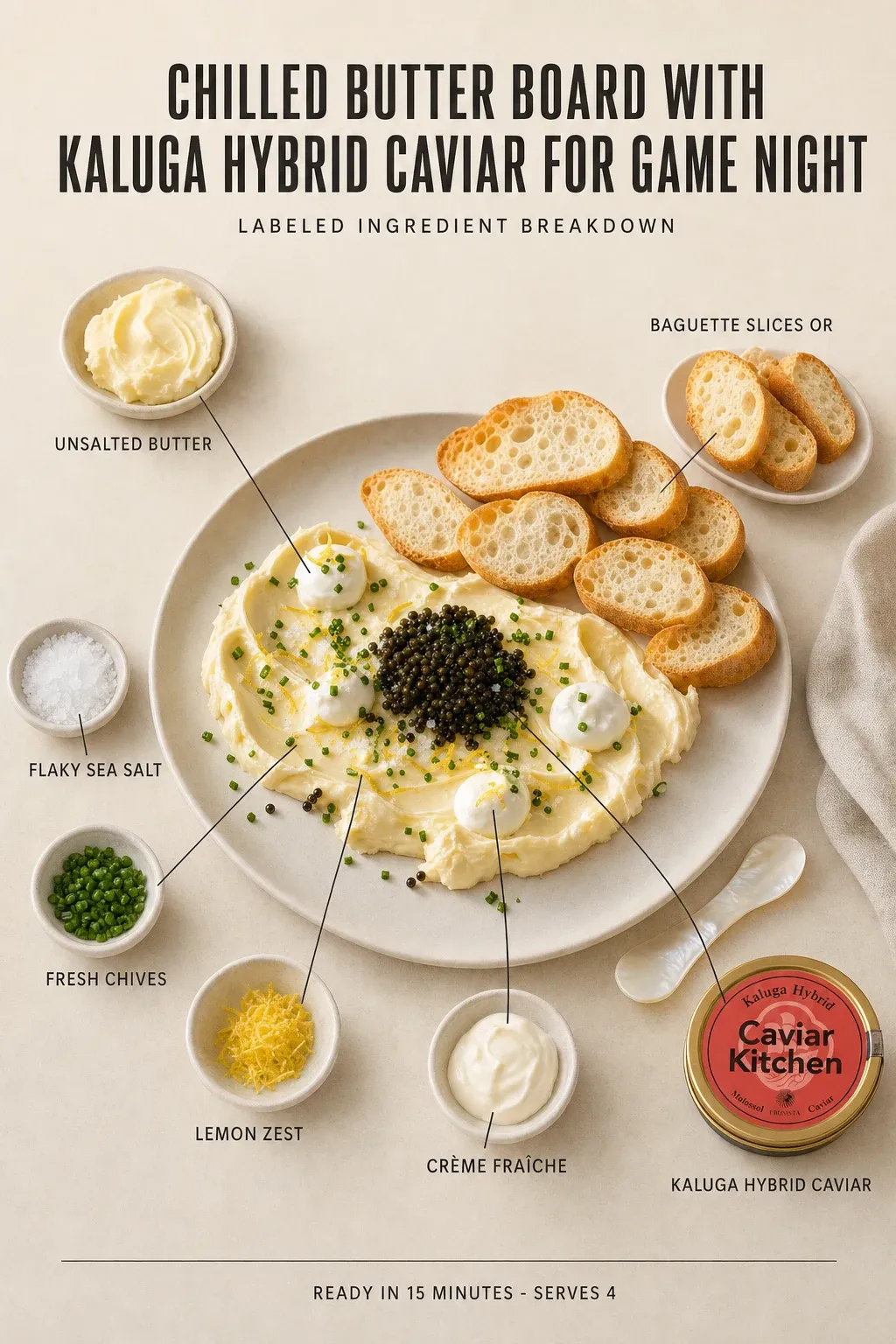 Labeled ingredient breakdown poster for Chilled Butter Board with Kaluga Hybrid Caviar for Game Night: unsalted butter, flaky sea salt, fresh chives, lemon zest, crème fraîche, baguette slices or.