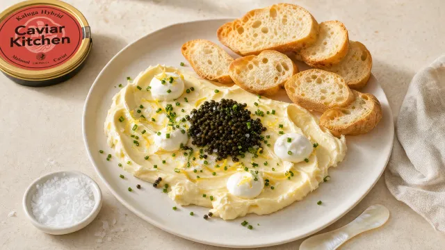 Chilled butter board with Kaluga Hybrid caviar, crème fraîche, chives, and lemon zest, surrounded by baguette slices on a light surface