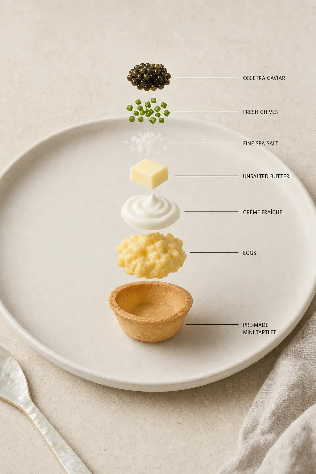 Exploded layer-by-layer view of one serving of Crème Fraîche Tartlets with Soft Scrambled Eggs and Ossetra Caviar.