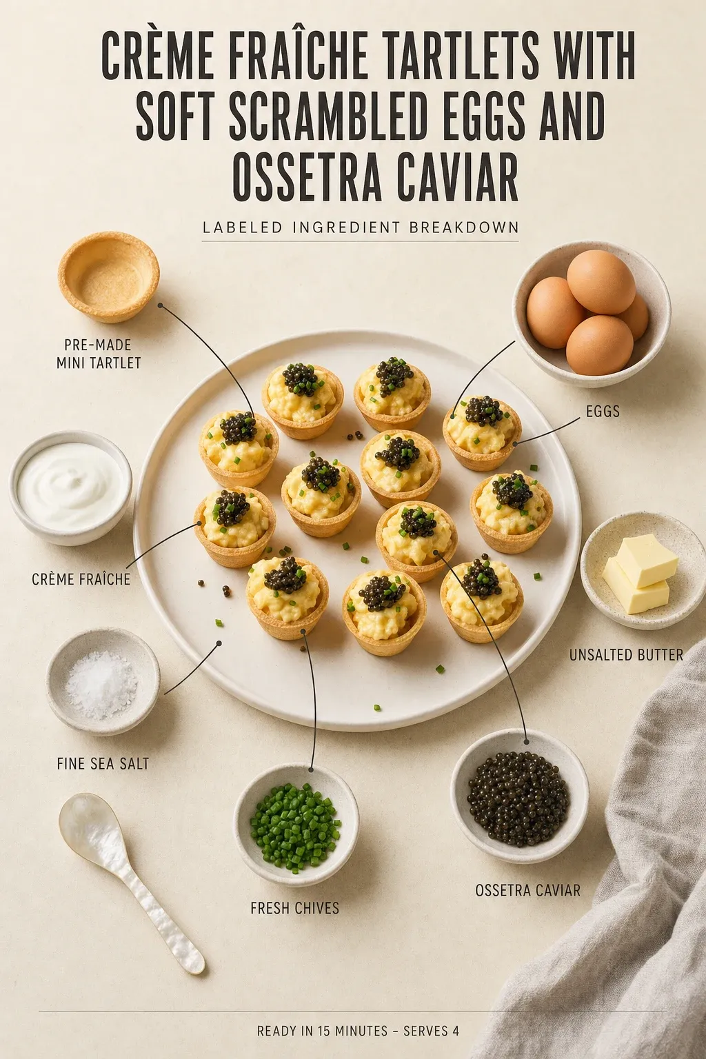 Labeled ingredient breakdown poster for Crème Fraîche Tartlets with Soft Scrambled Eggs and Ossetra Caviar: pre-made mini tartlet, eggs, crème fraîche, unsalted butter, fine sea salt, fresh chives.