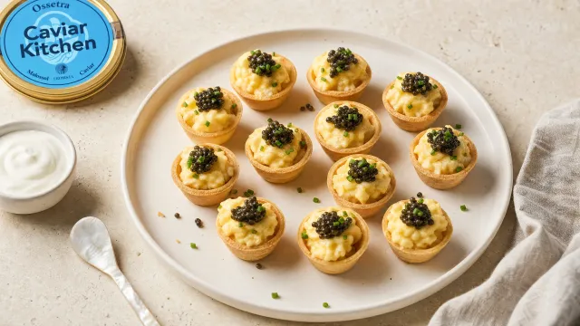 Twelve golden tartlet shells filled with soft scrambled eggs and Ossetra caviar, garnished with chives on a white ceramic plate.
