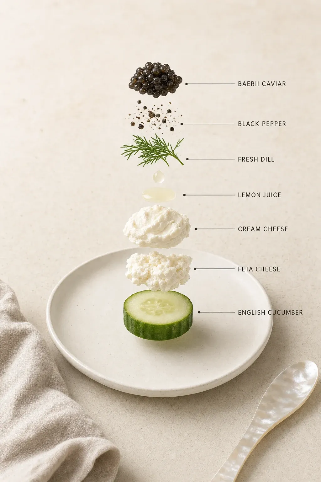 Exploded layer-by-layer view of one serving of Cucumber Rounds with Whipped Feta and Baerii Caviar.
