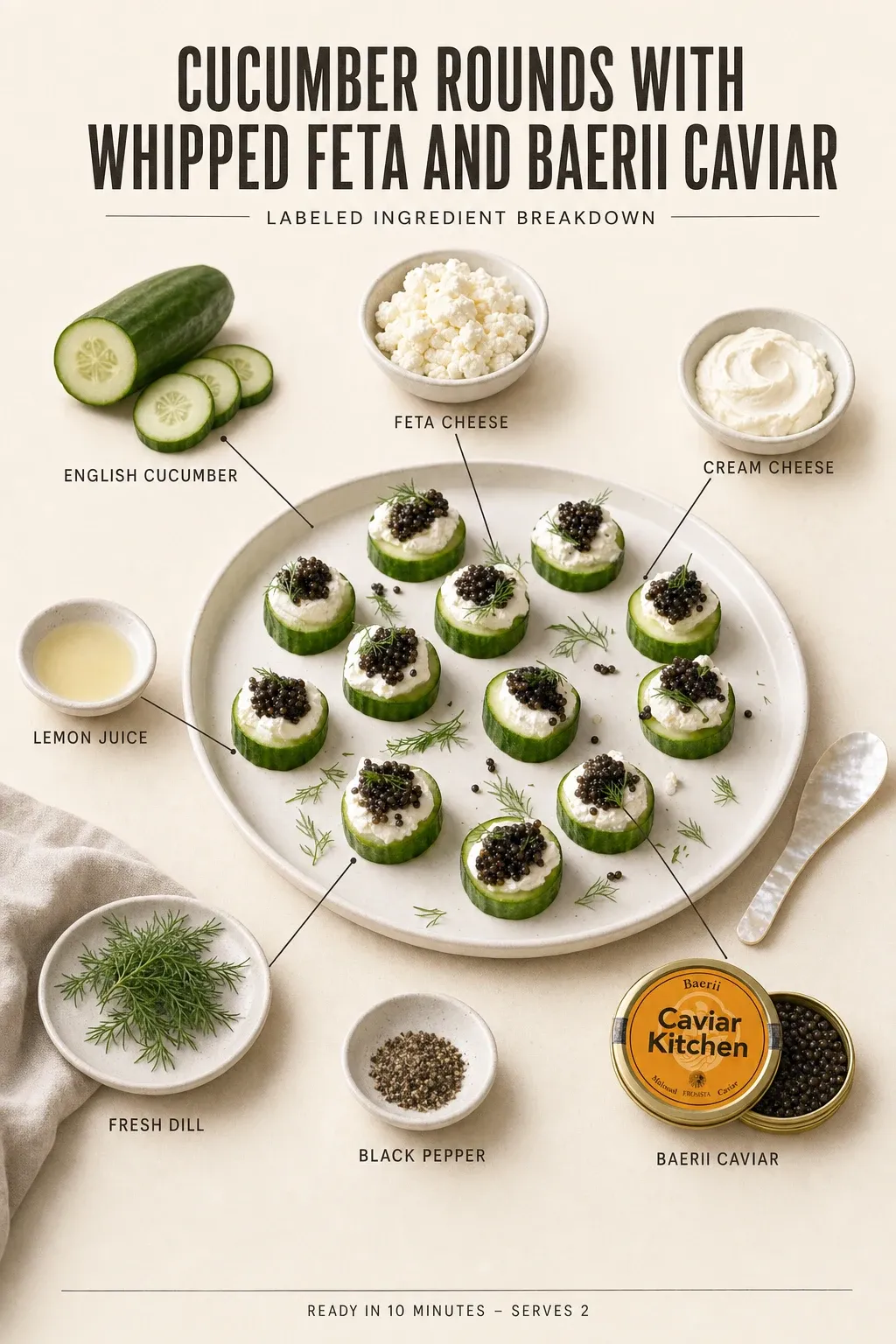 Labeled ingredient breakdown poster for Cucumber Rounds with Whipped Feta and Baerii Caviar: english cucumber, feta cheese, cream cheese, lemon juice, fresh dill, black pepper.