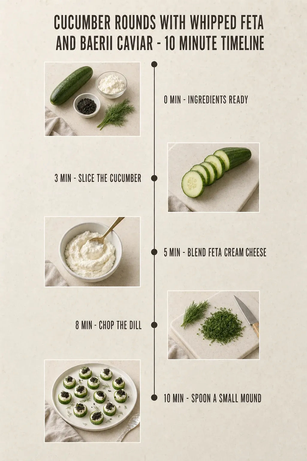 Minute-by-minute timeline for Cucumber Rounds with Whipped Feta and Baerii Caviar, from ingredients to serving in 10 minutes.