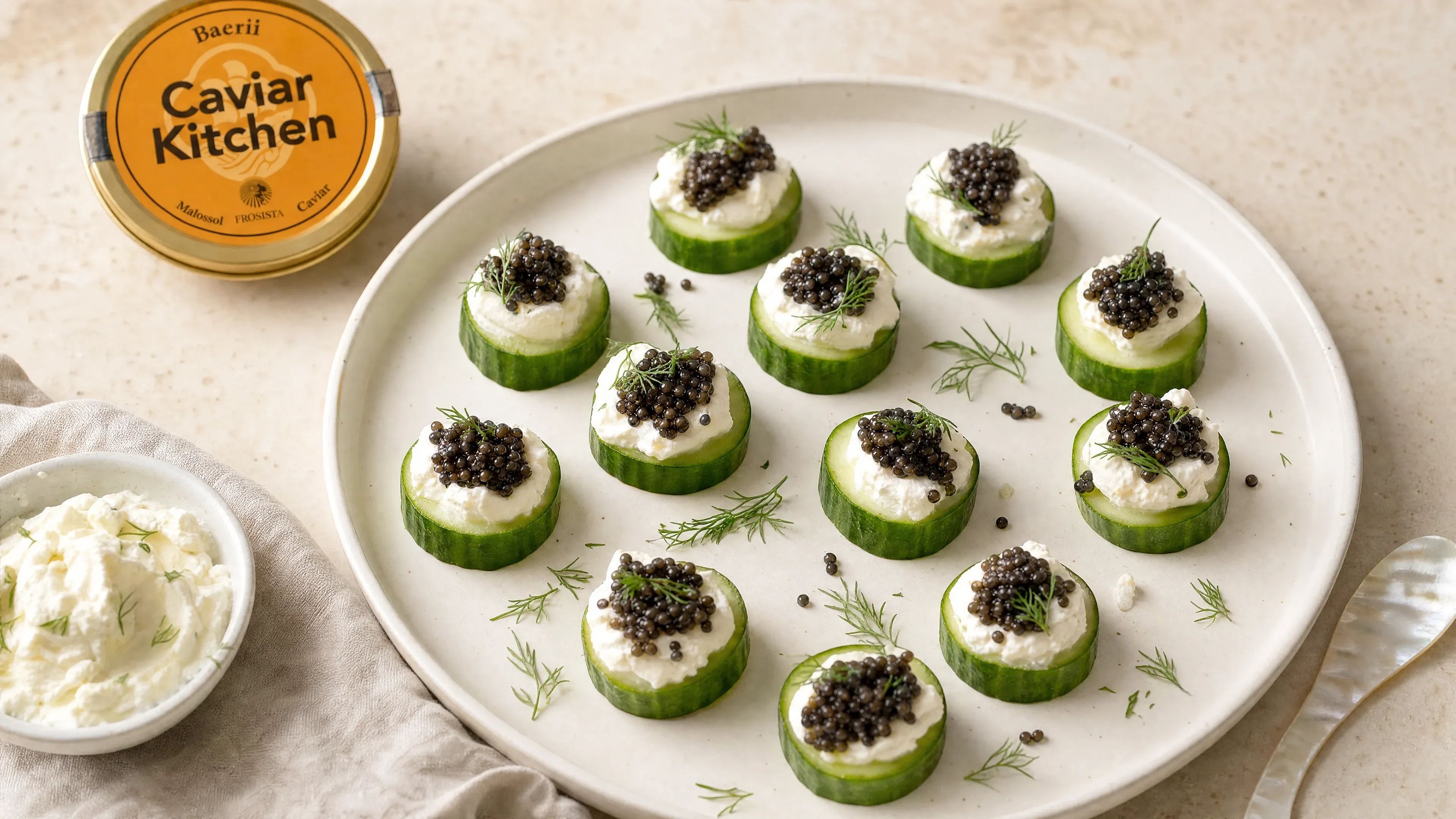 Cucumber rounds topped with whipped feta and Baerii caviar on a white ceramic plate with fresh dill