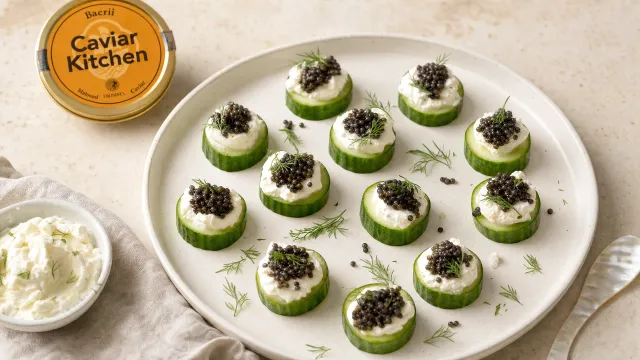 Cucumber rounds topped with whipped feta and Baerii caviar on a white ceramic plate with fresh dill