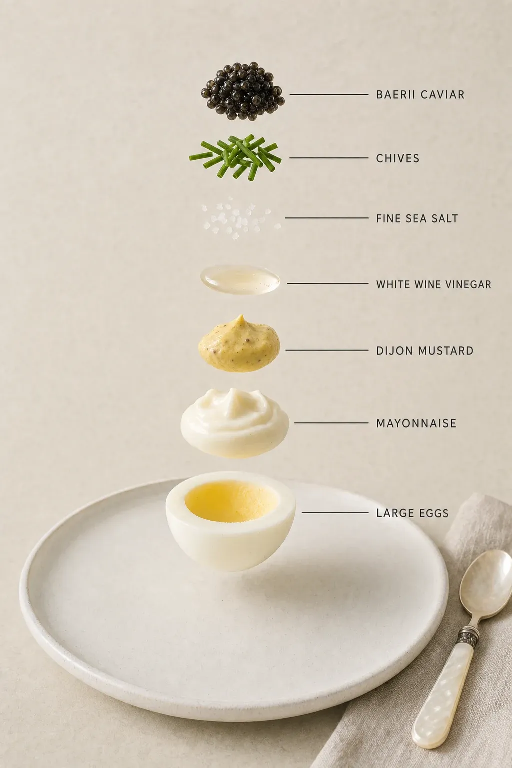 Exploded layer-by-layer view of one serving of Deviled Eggs with Baerii Caviar.