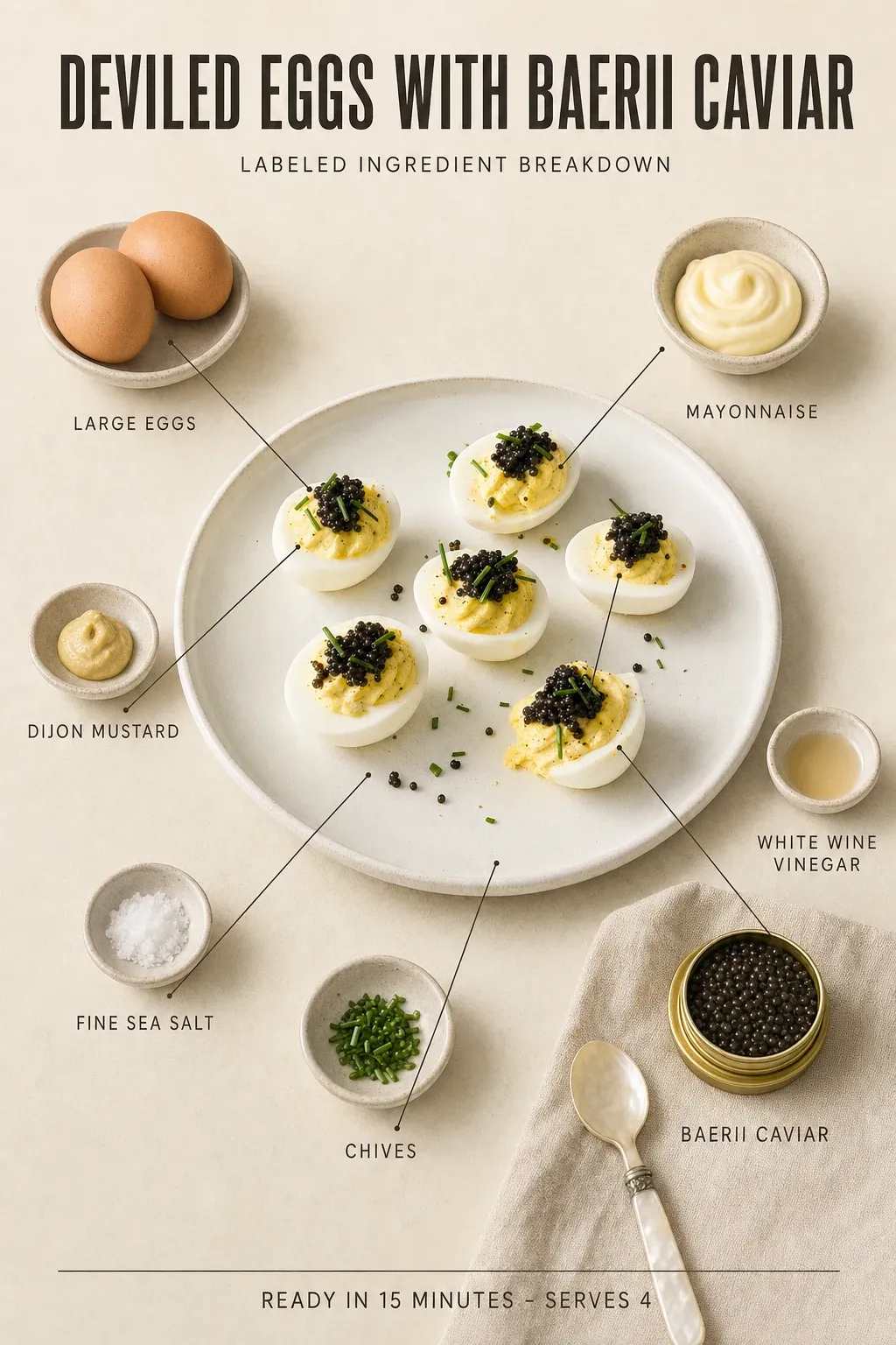 Labeled ingredient breakdown poster for Deviled Eggs with Baerii Caviar: large eggs, mayonnaise, dijon mustard, white wine vinegar, fine sea salt, chives.