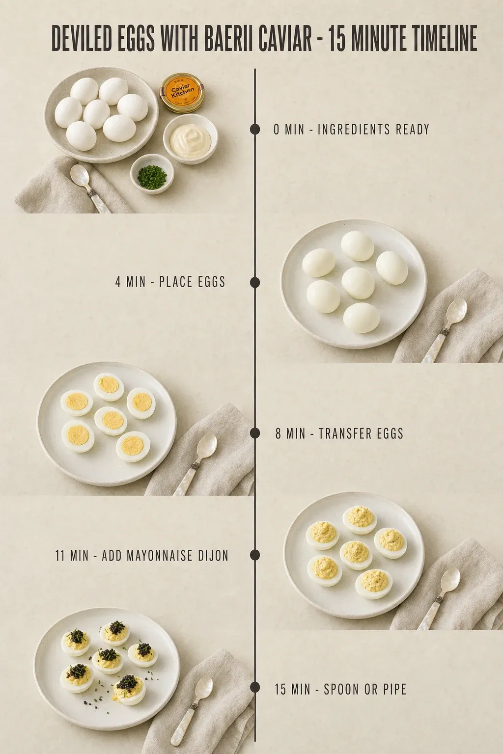 Minute-by-minute timeline for Deviled Eggs with Baerii Caviar, from ingredients to serving in 15 minutes.