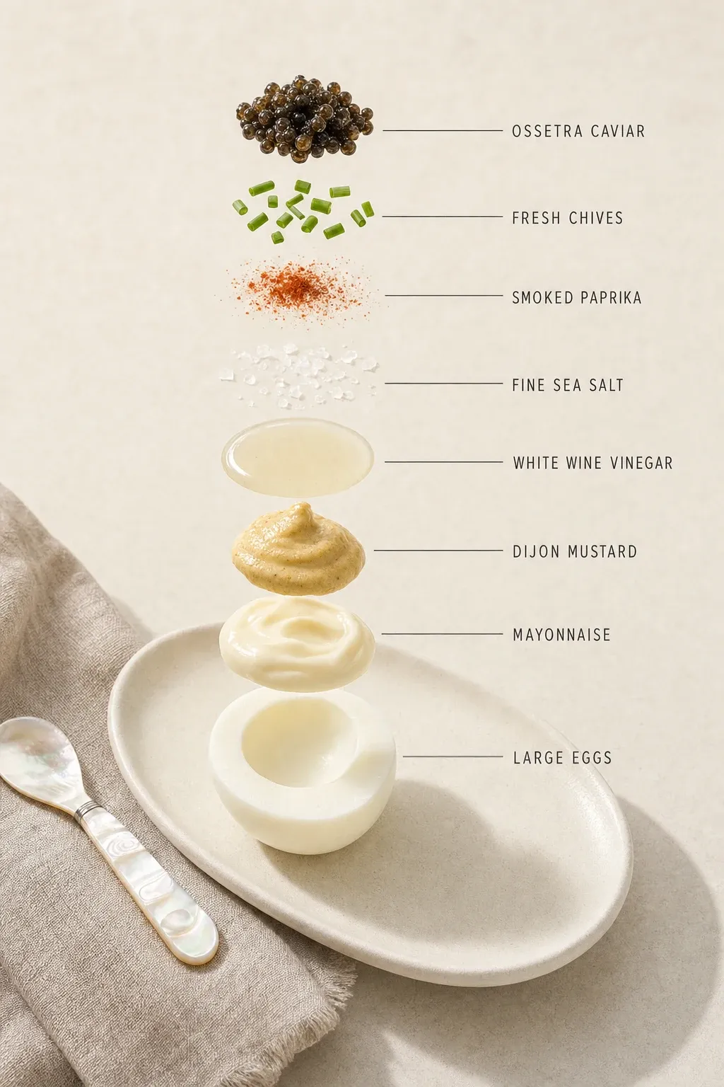Exploded layer-by-layer view of one serving of Deviled Eggs with Ossetra Caviar and Smoked Paprika.