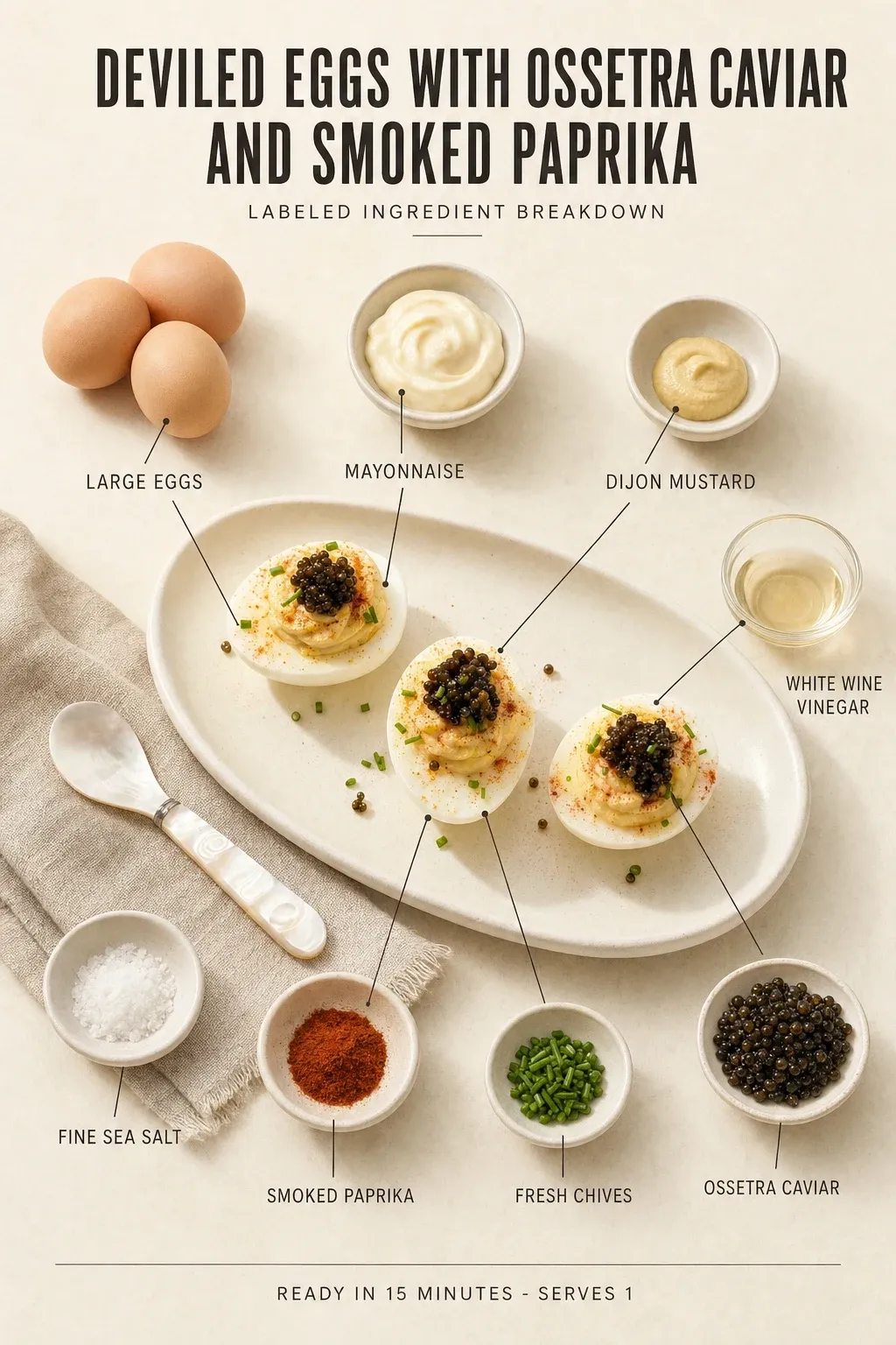 Labeled ingredient breakdown poster for Deviled Eggs with Ossetra Caviar and Smoked Paprika: large eggs, mayonnaise, dijon mustard, white wine vinegar, fine sea salt, smoked paprika.