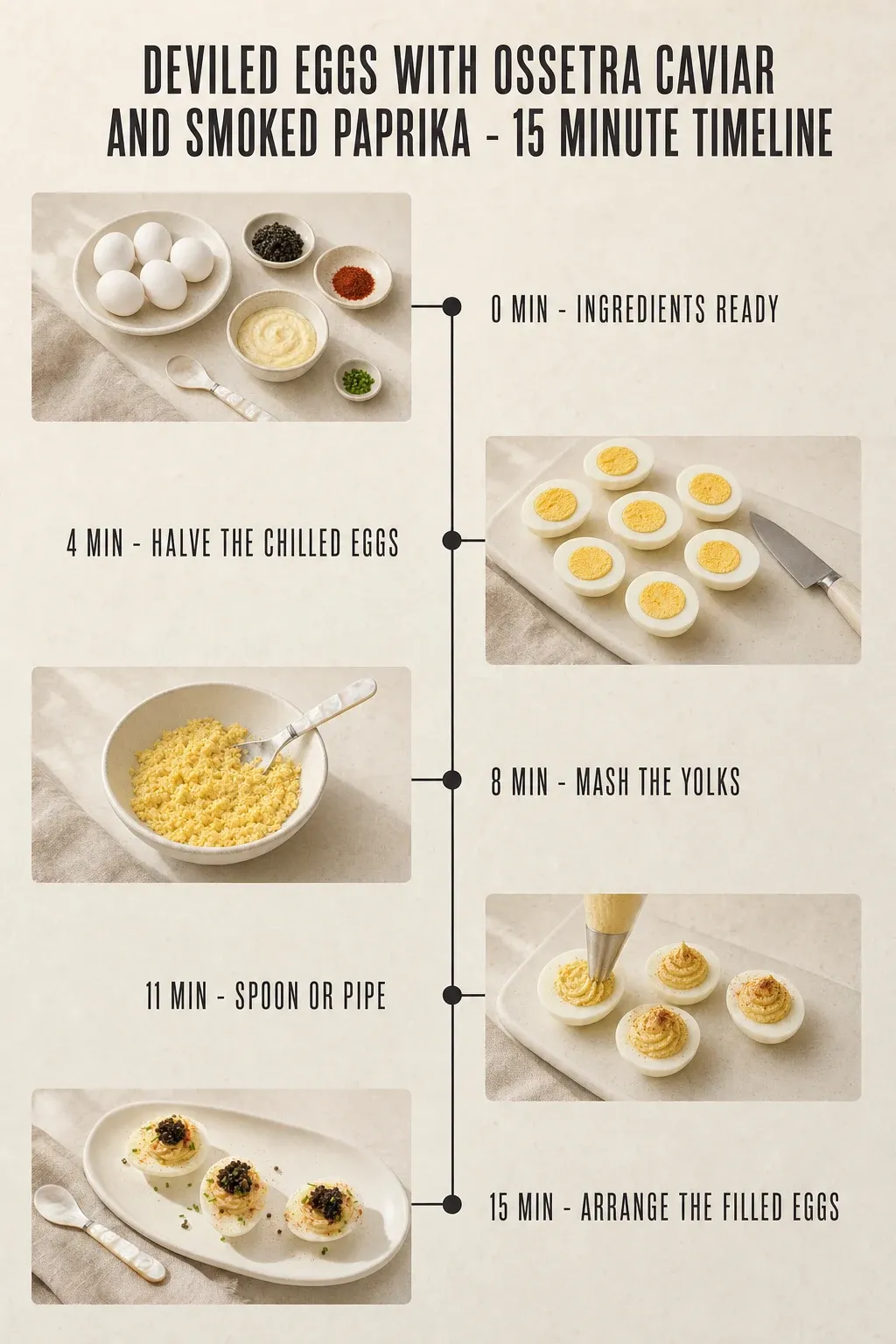 Minute-by-minute timeline for Deviled Eggs with Ossetra Caviar and Smoked Paprika, from ingredients to serving in 15 minutes.