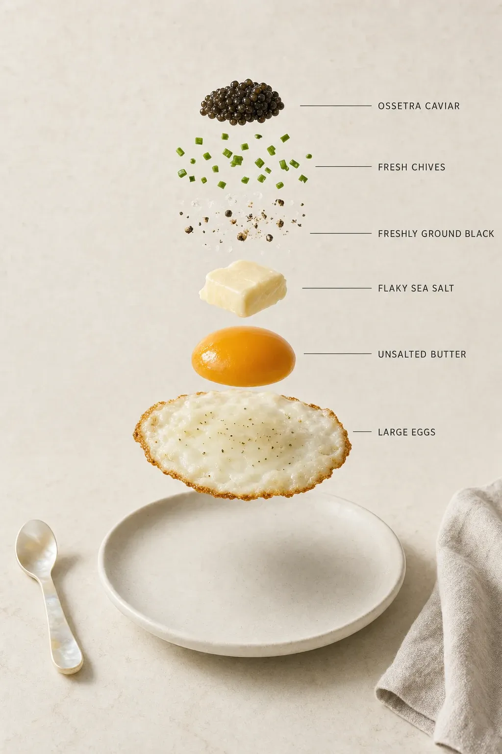 Exploded layer-by-layer view of one serving of Fried Eggs with Caviar and Brown Butter.
