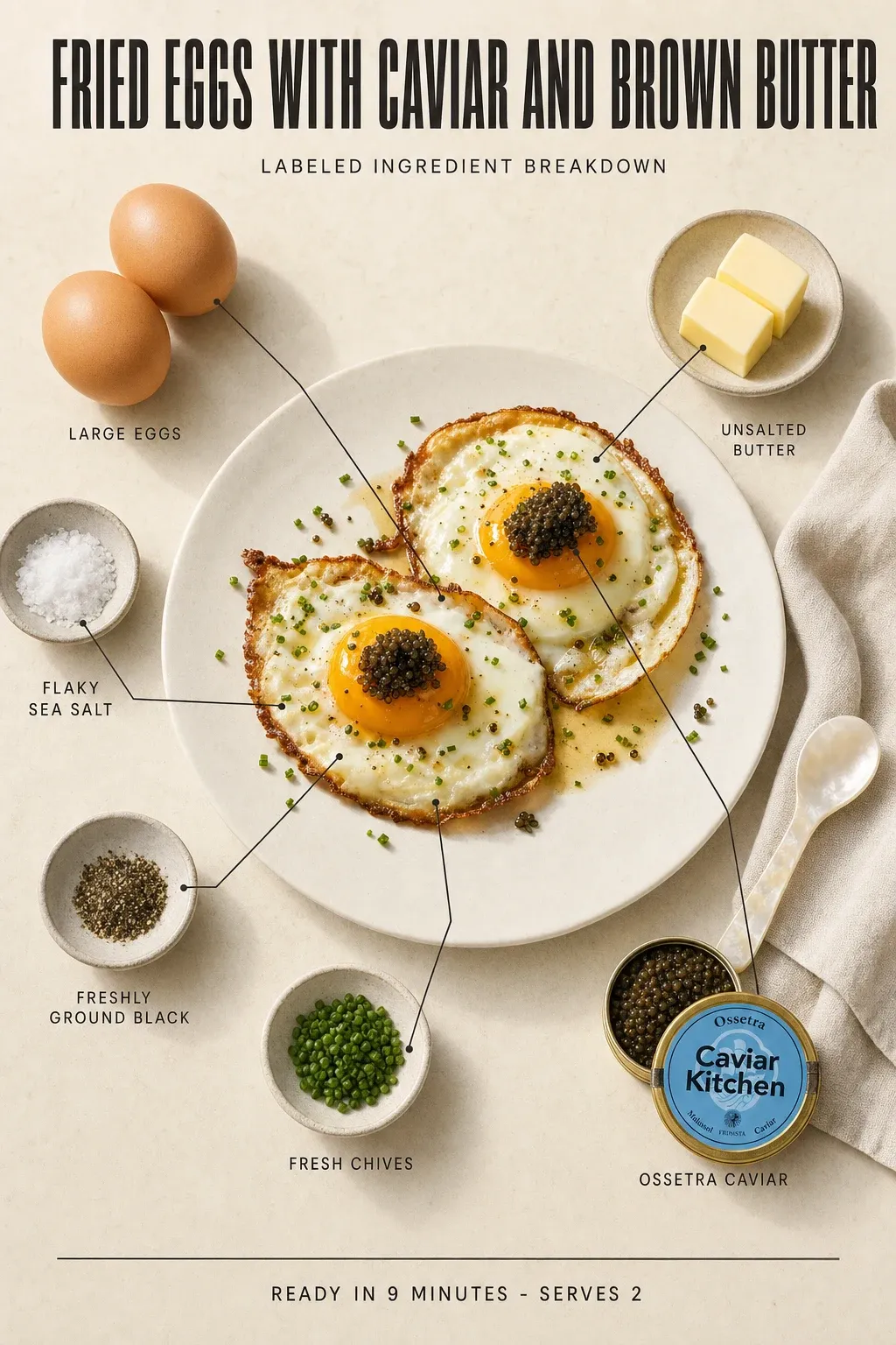 Labeled ingredient breakdown poster for Fried Eggs with Caviar and Brown Butter: large eggs, unsalted butter, flaky sea salt, freshly ground black, fresh chives, ossetra caviar.