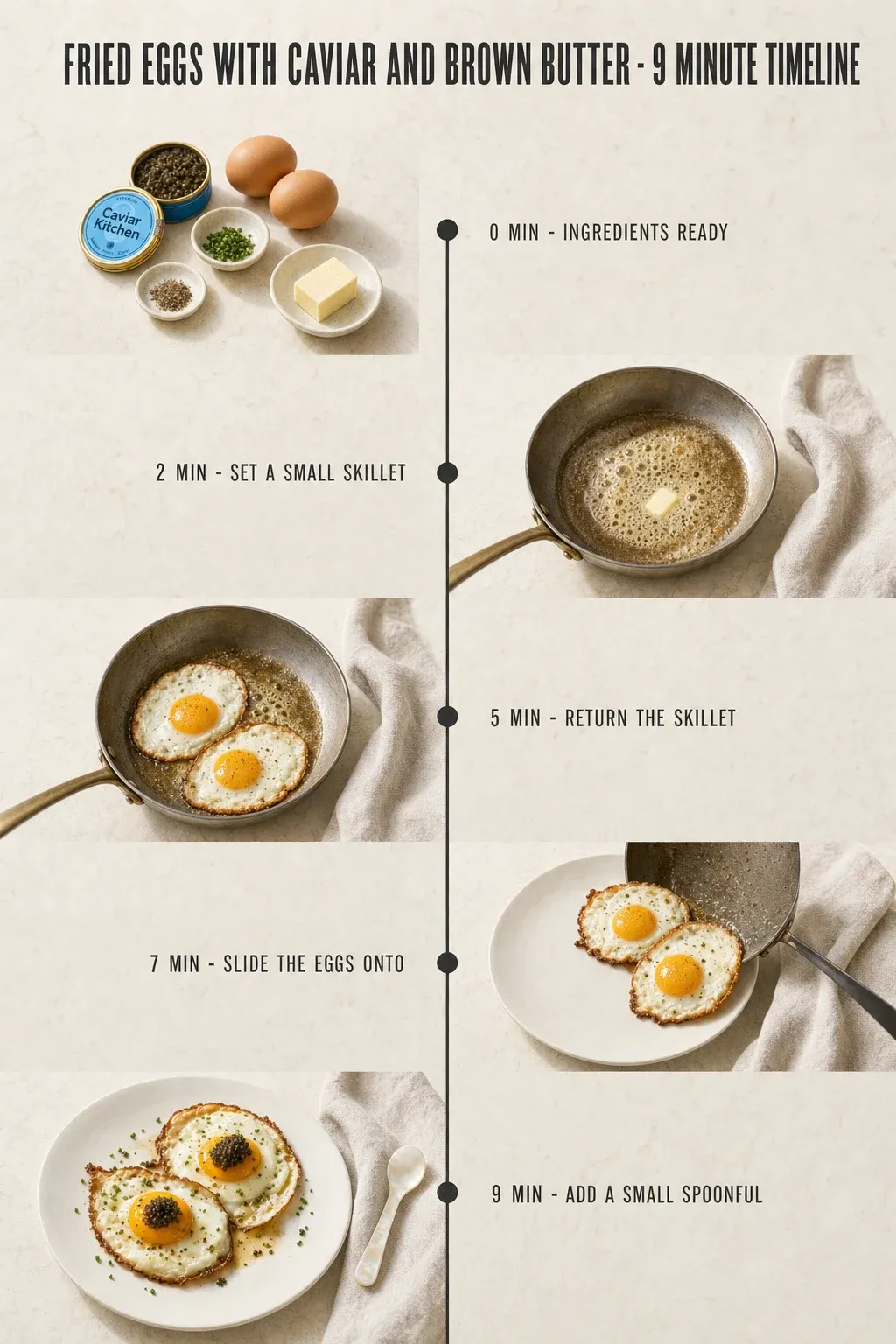 Minute-by-minute timeline for Fried Eggs with Caviar and Brown Butter, from ingredients to serving in 9 minutes.