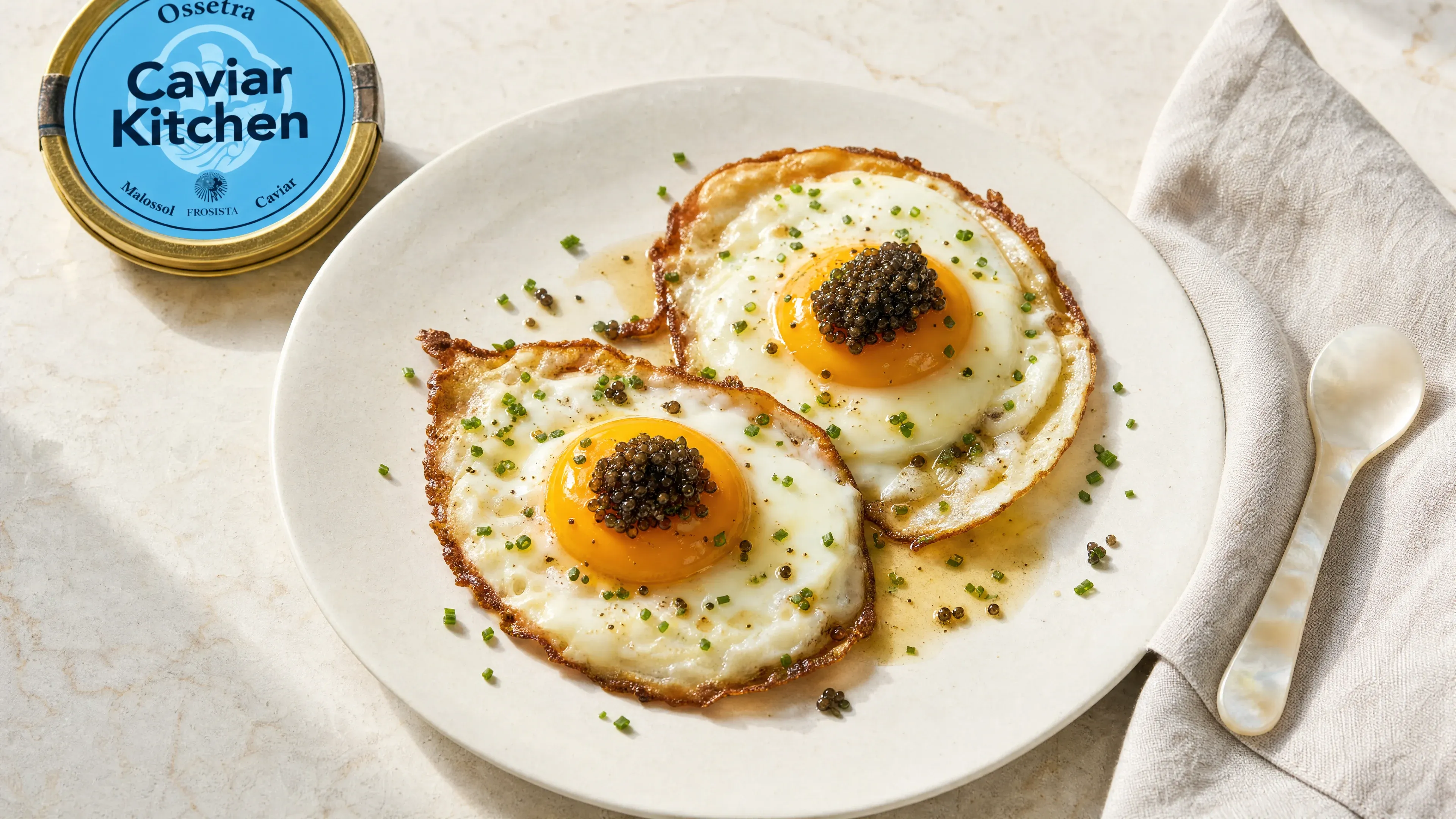 Two fried eggs with crispy edges topped with Ossetra caviar and chives on a white plate with a small spoon resting alongside