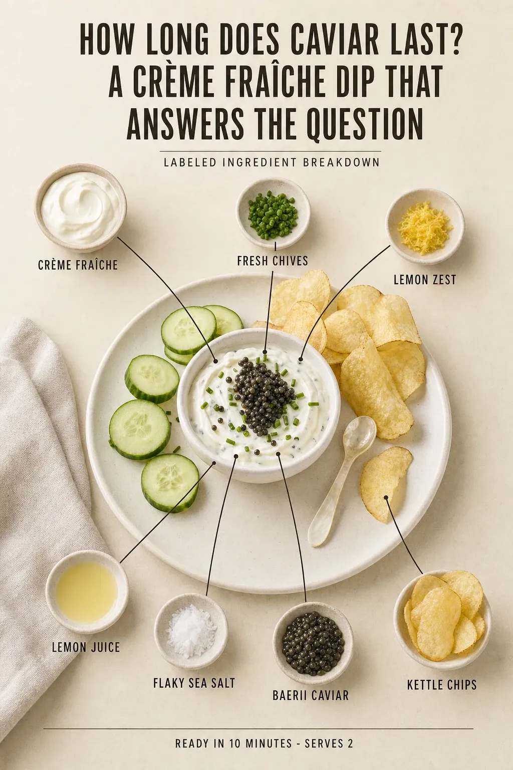 Labeled ingredient breakdown poster for How Long Does Caviar Last? A Crème Fraîche Dip That Answers the Question: crème fraîche, fresh chives, lemon zest, lemon juice, flaky sea salt, baerii caviar.