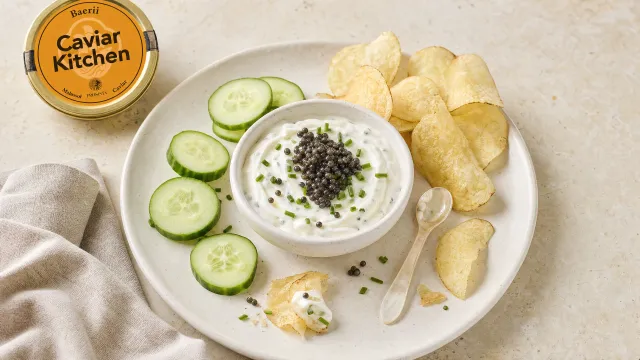 Small white bowl of crème fraîche dip topped with Baerii caviar, surrounded by kettle chips and cucumber slices on a light linen.