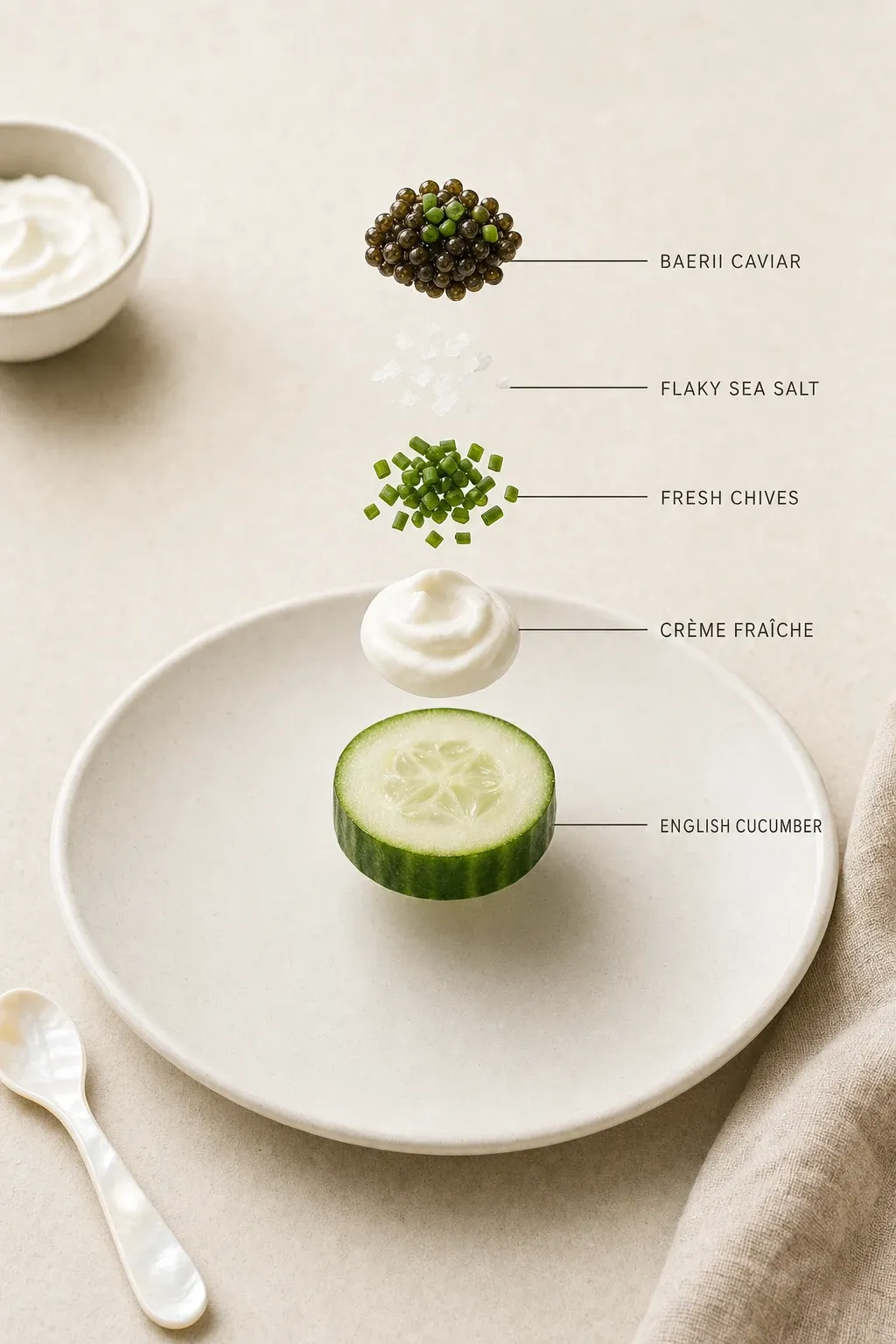 Exploded layer-by-layer view of one serving of How Much Caviar Per Person: A Simple Serving Guide with Cucumber Rounds.