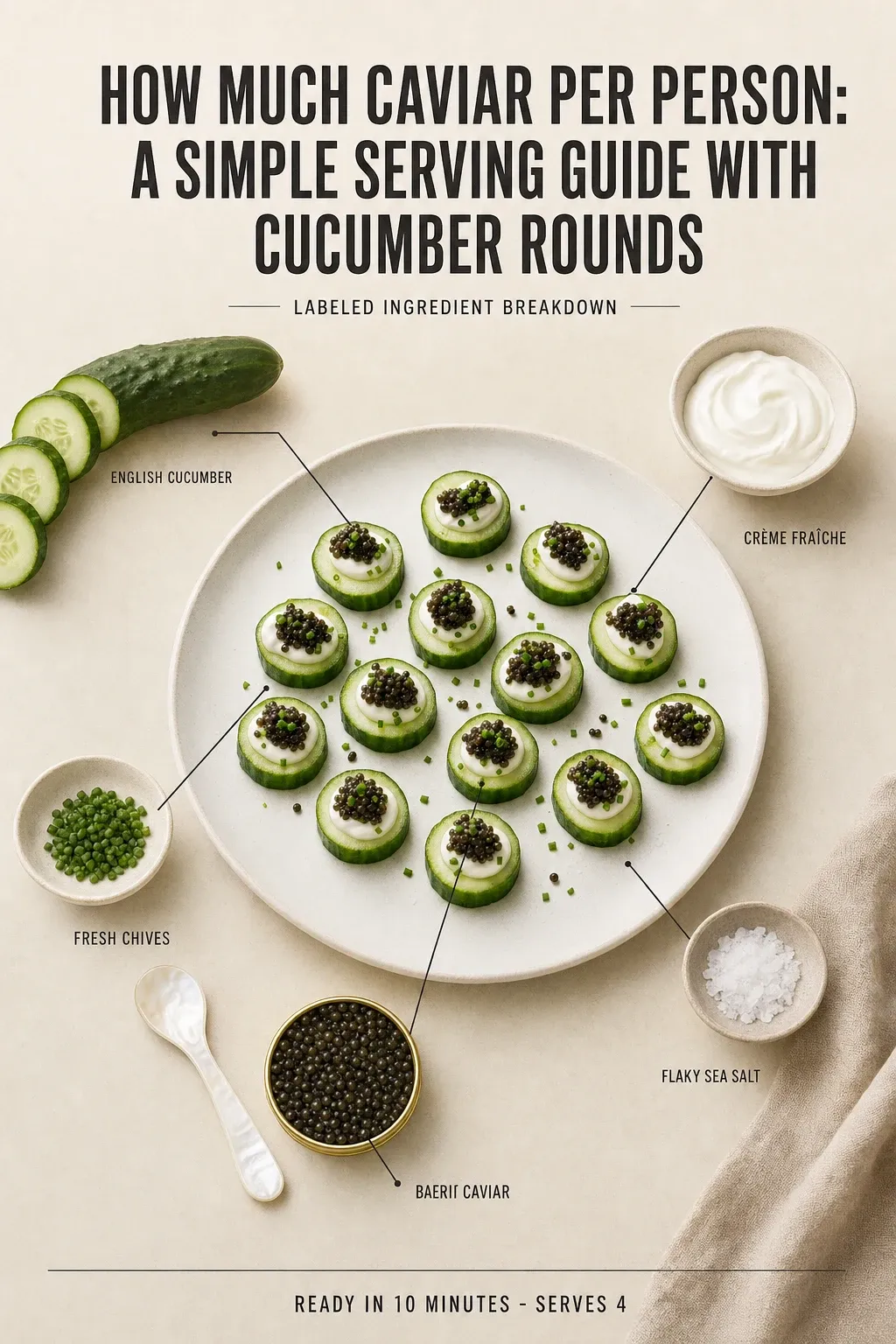Labeled ingredient breakdown poster for How Much Caviar Per Person: A Simple Serving Guide with Cucumber Rounds: english cucumber, crème fraîche, fresh chives, flaky sea salt, baerii caviar.