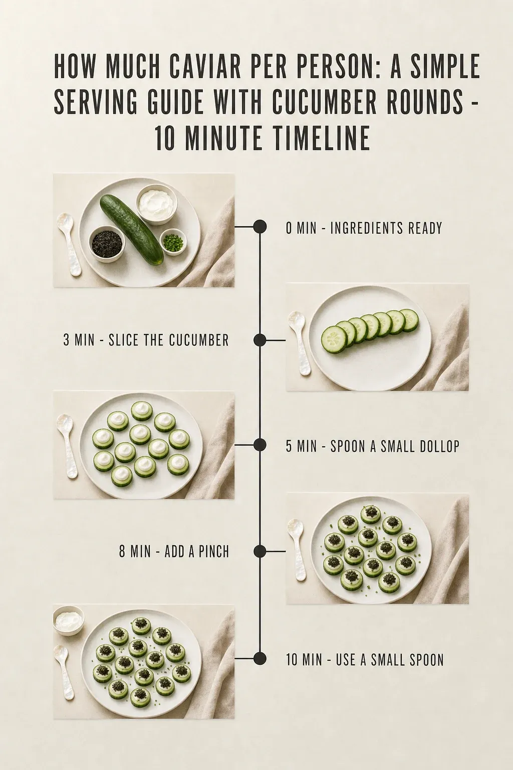 Minute-by-minute timeline for How Much Caviar Per Person: A Simple Serving Guide with Cucumber Rounds, from ingredients to serving in 10 minutes.