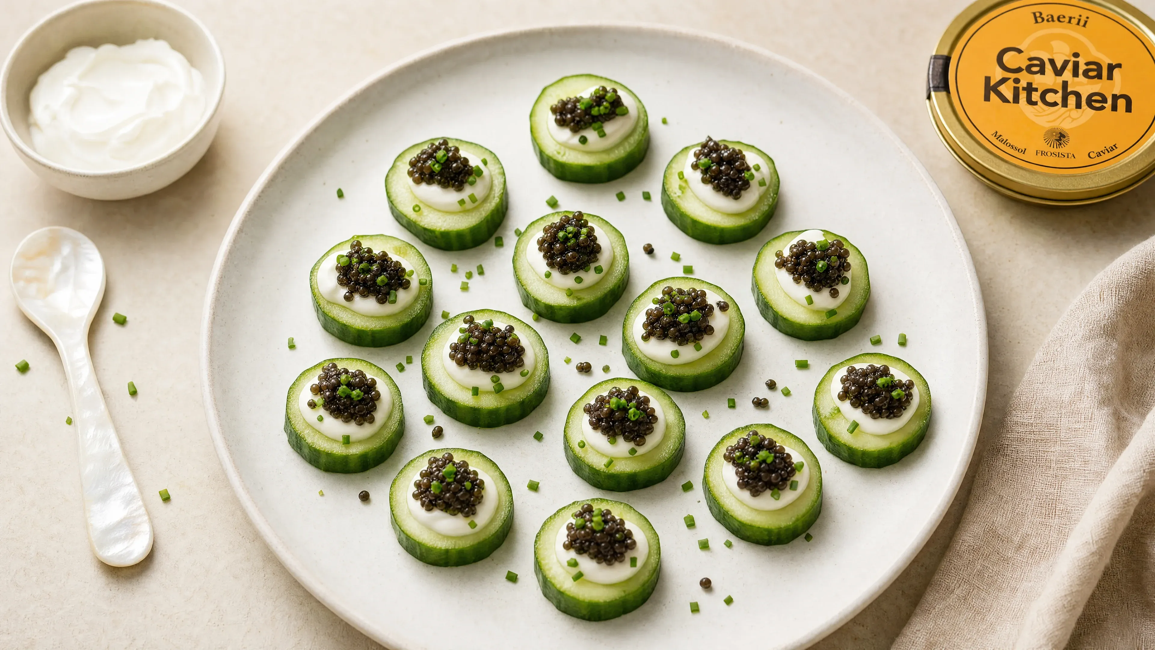Cucumber rounds topped with crème fraîche and dark Baerii caviar on a white ceramic plate with chives scattered over top