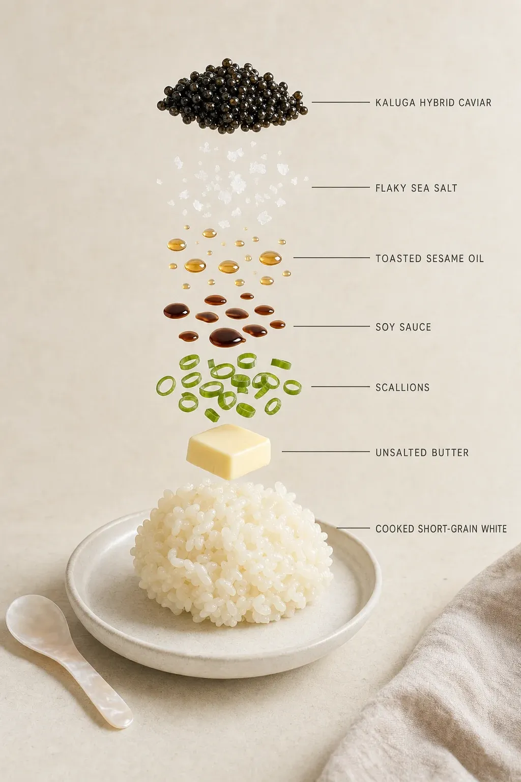 Exploded layer-by-layer view of one serving of Is Caviar Sustainable? A Farmed Kaluga Hybrid Bowl to Show You Why.