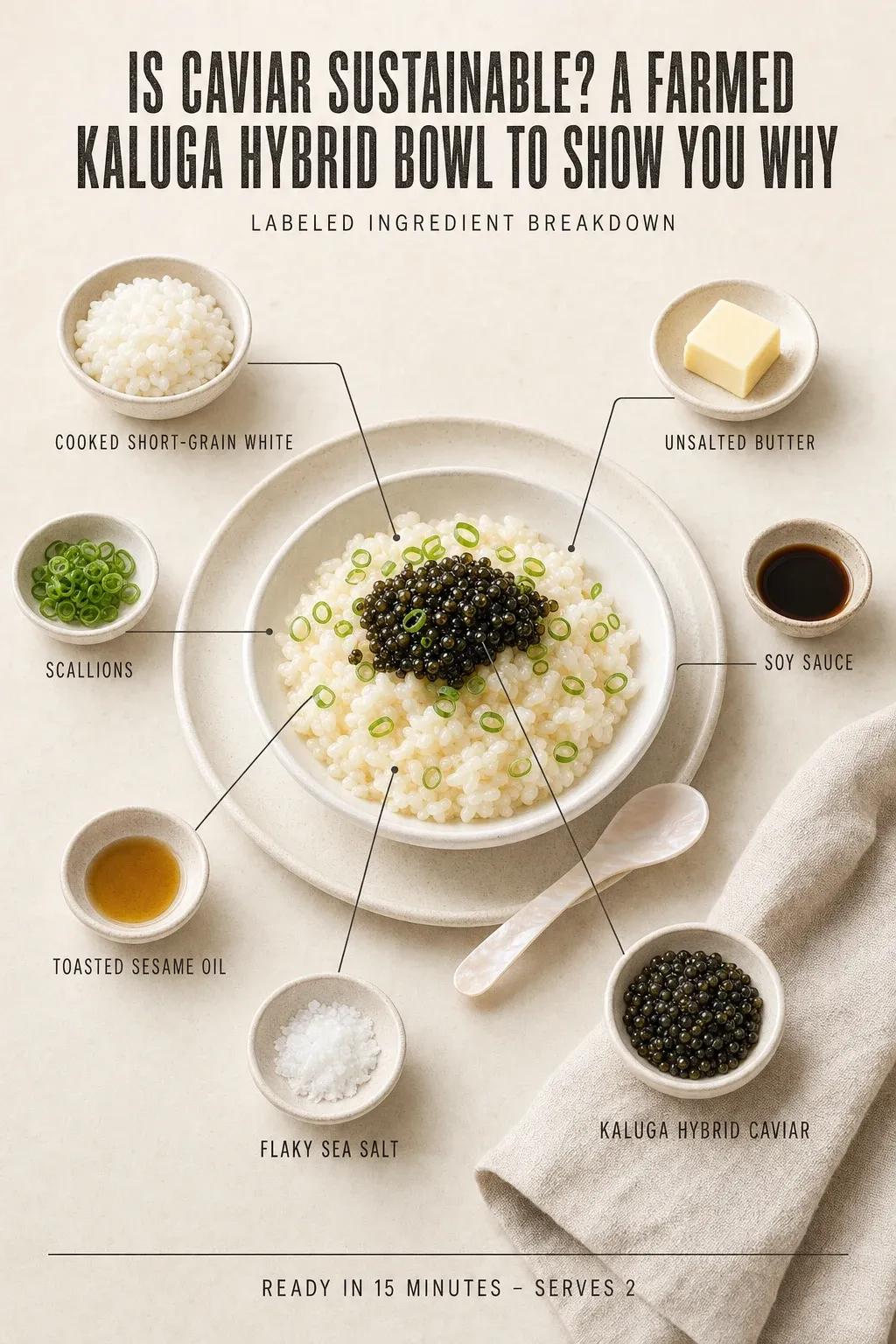 Labeled ingredient breakdown poster for Is Caviar Sustainable? A Farmed Kaluga Hybrid Bowl to Show You Why: cooked short-grain white, unsalted butter, scallions, soy sauce, toasted sesame oil, flaky sea salt.