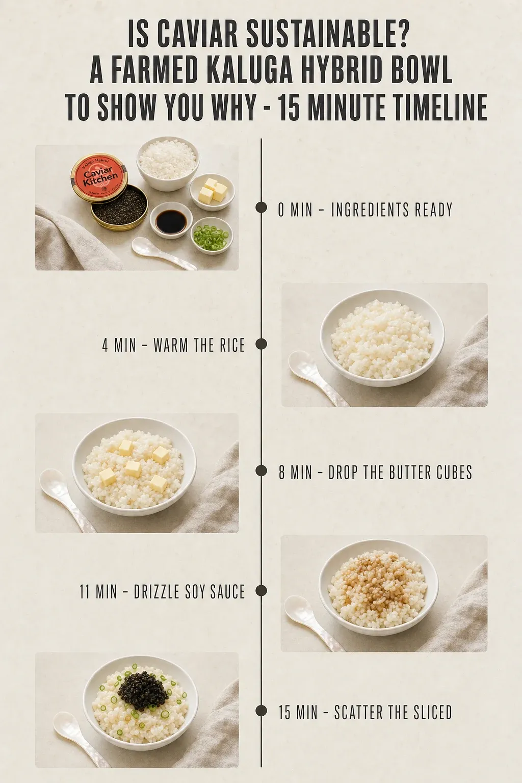 Minute-by-minute timeline for Is Caviar Sustainable? A Farmed Kaluga Hybrid Bowl to Show You Why, from ingredients to serving in 15 minutes.